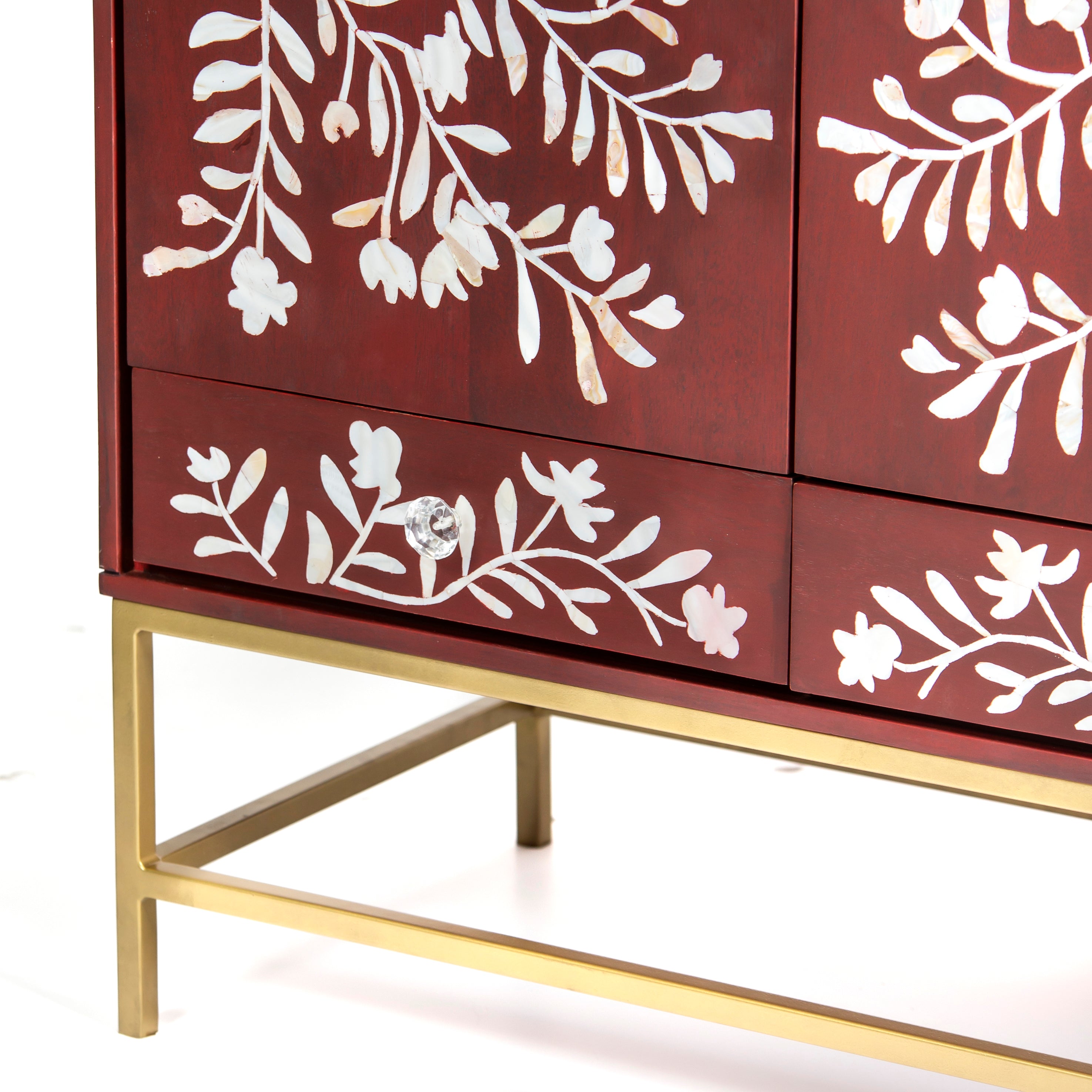 Mother of pearl inlay cabinet featuring intricate floral vine pattern in burgundy and white, handcrafted furniture piece