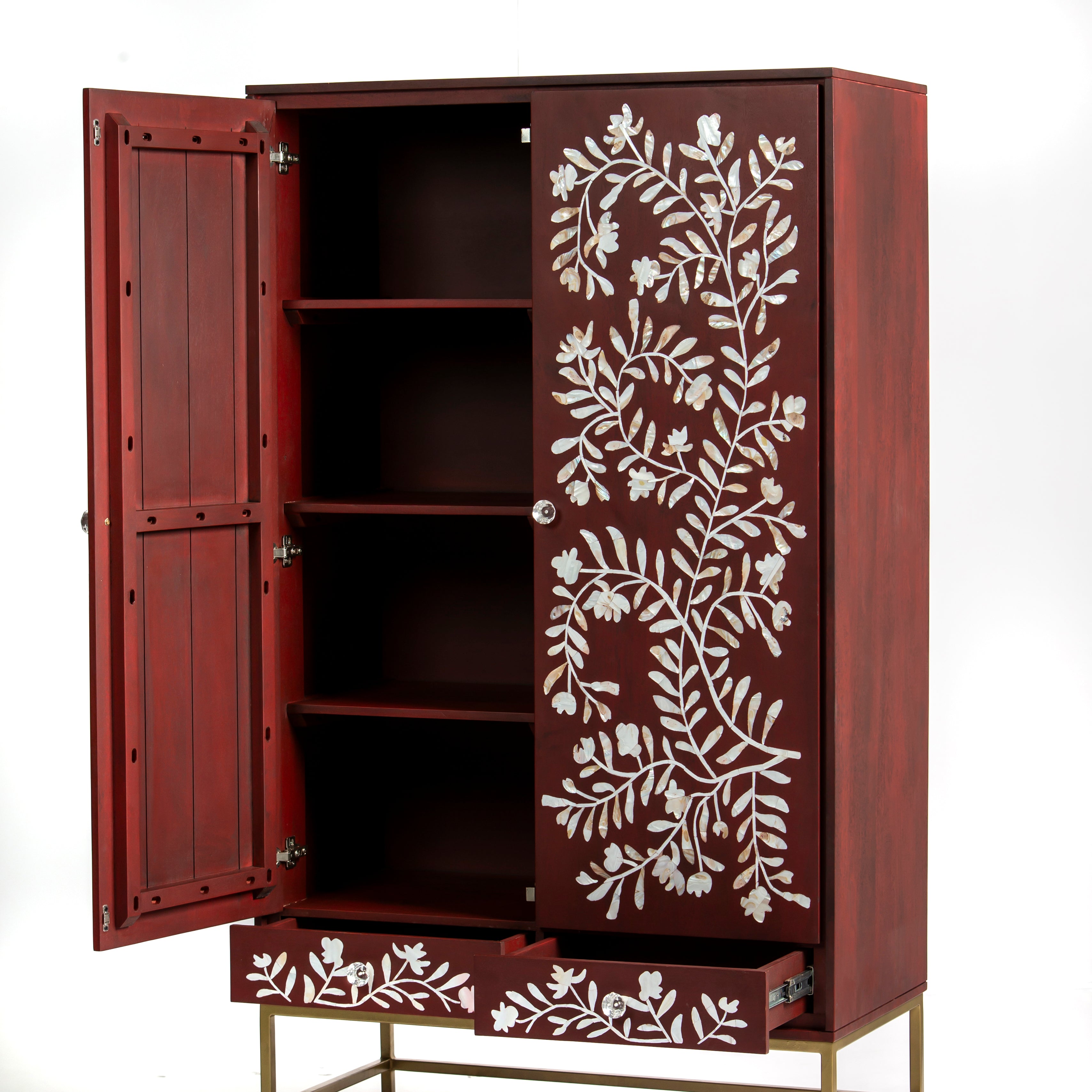 Mother of pearl inlay cabinet featuring intricate floral vine pattern in burgundy and white, handcrafted furniture piece