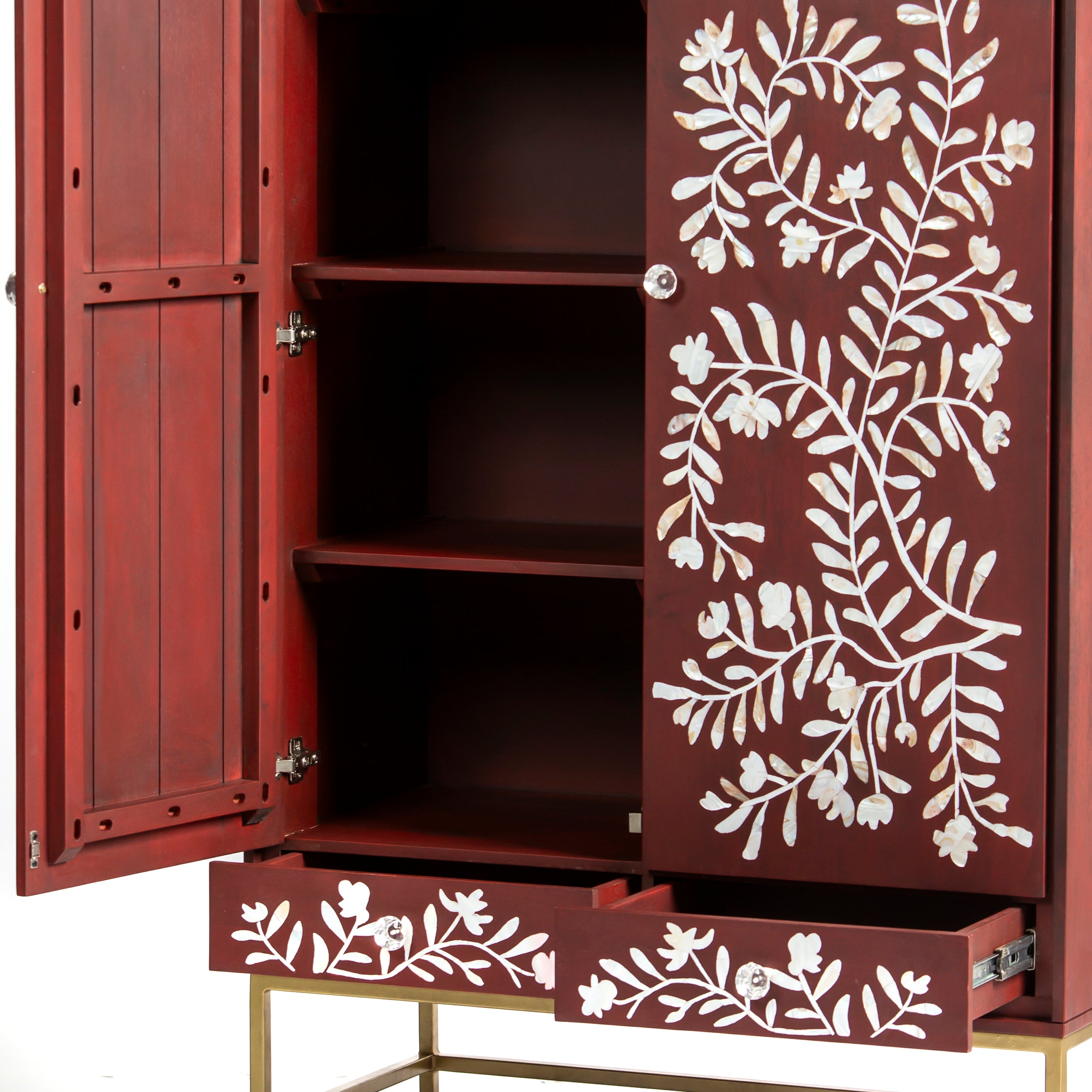 Mother of pearl inlay cabinet featuring intricate floral vine pattern in burgundy and white, handcrafted furniture piece