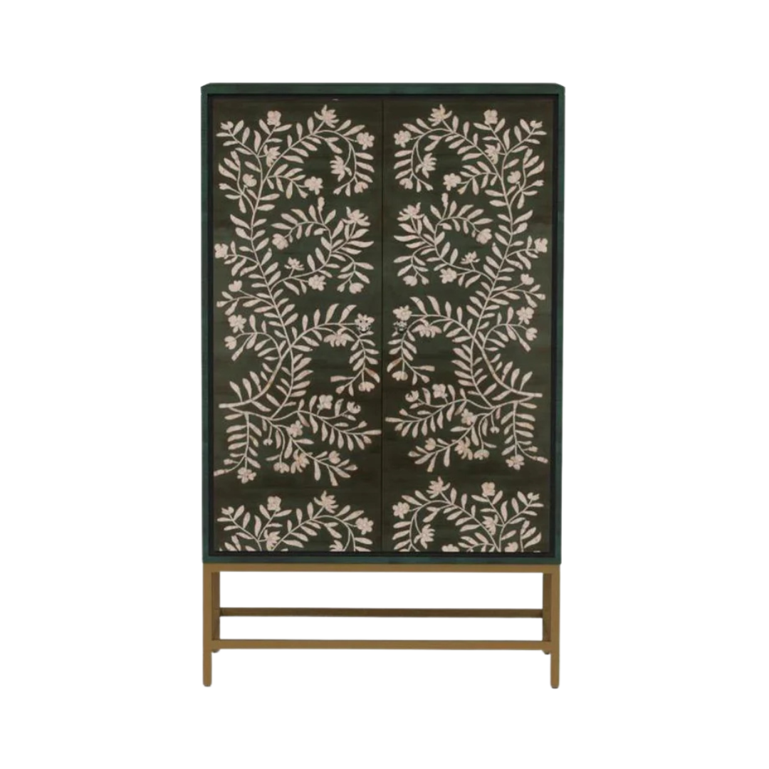 Handcrafted green cabinet with floral mother of pearl inlay, two doors, and versatile storage for dining or entryway use.