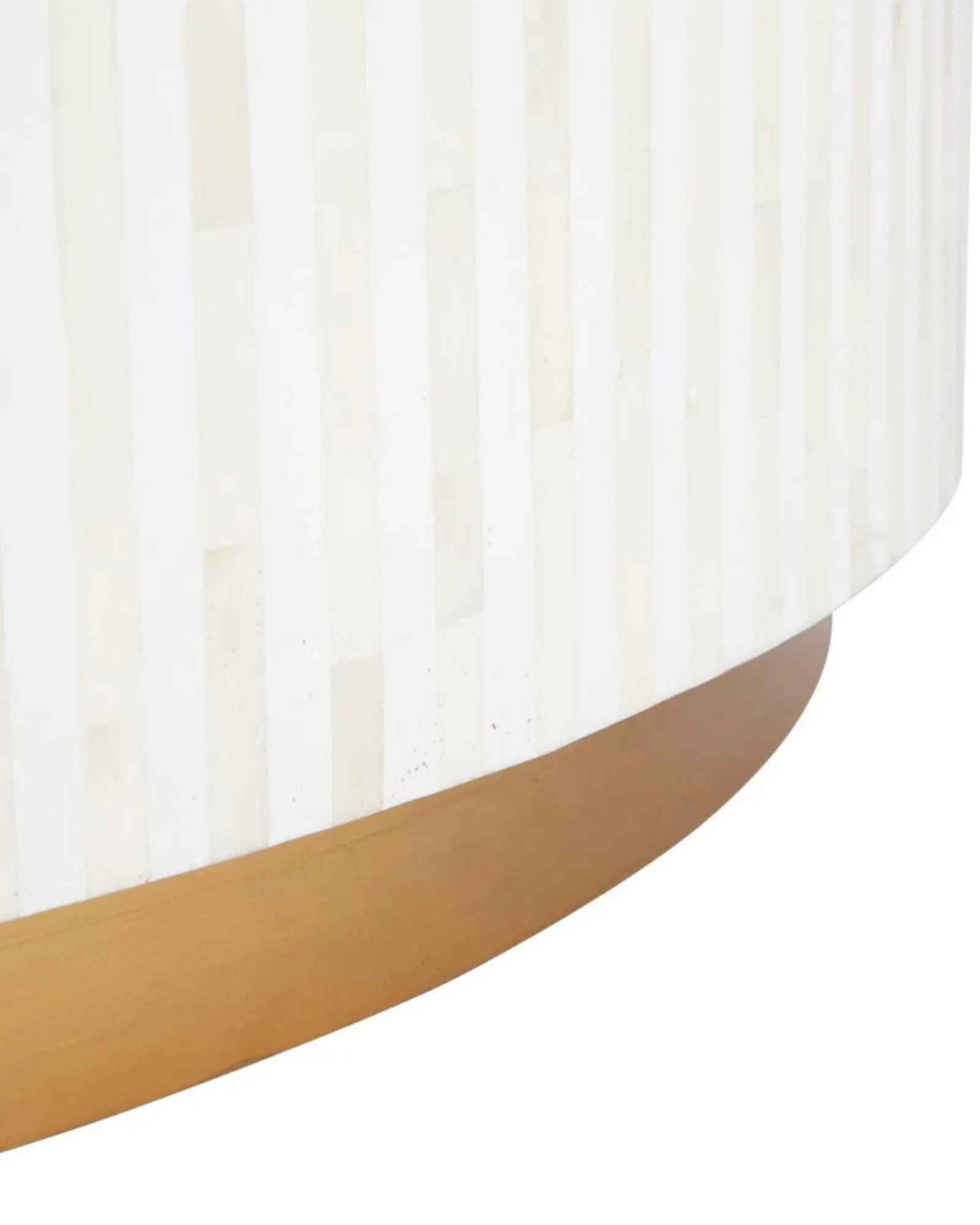 Manzil Coffee Table in black bone inlay with golden base, handcrafted with bold striped design, size 100x100x45 cm.