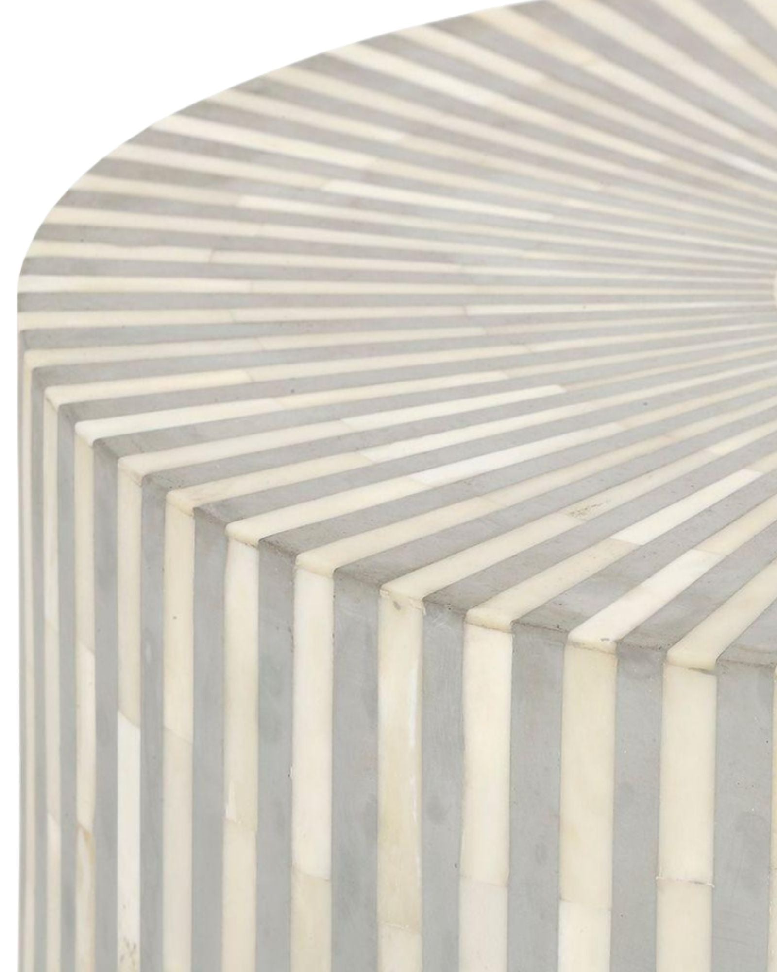 Handcrafted grey bone inlay side table with a striped pattern, adding elegance and style to any living space. Unique artisanal design.