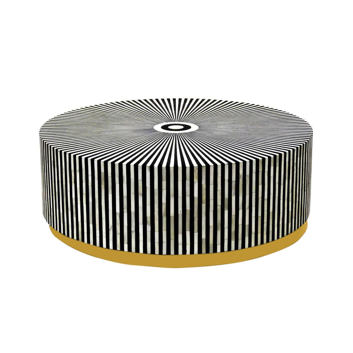 Manzil Coffee Table in black bone inlay with golden base, handcrafted with bold striped design, size 100x100x45 cm.