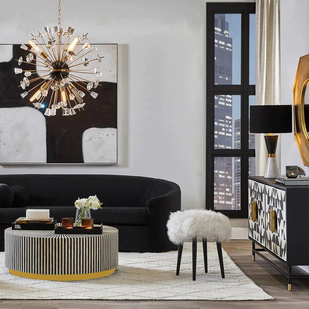 Manzil Coffee Table in black bone inlay with golden base, handcrafted with bold striped design, size 100x100x45 cm.