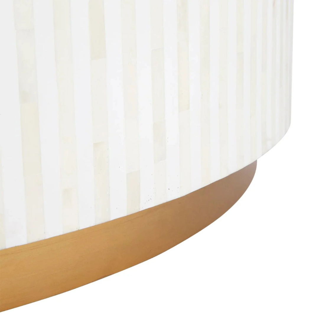 Manzil Coffee Table in black bone inlay with golden base, handcrafted with bold striped design, size 100x100x45 cm.