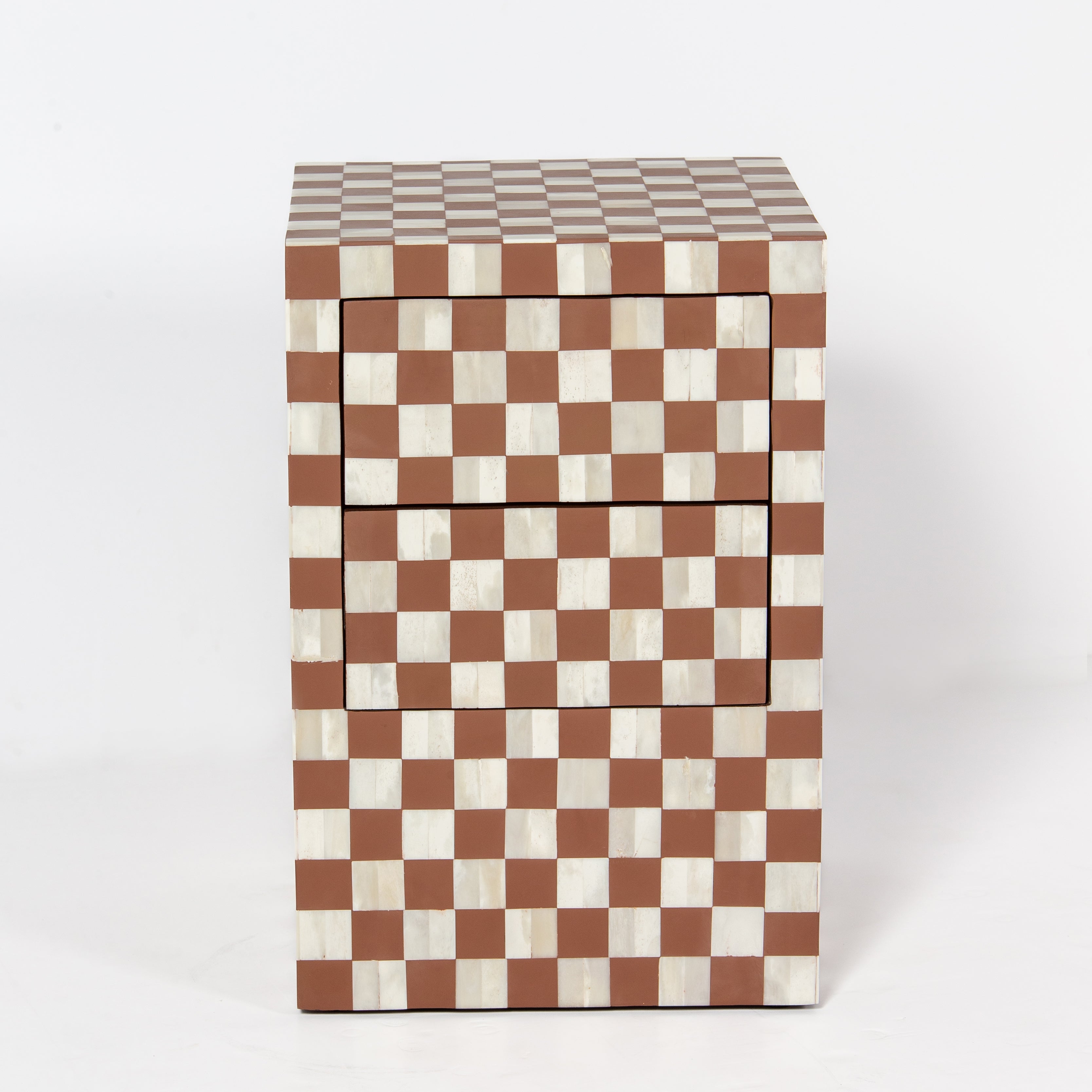 Handcrafted almond bone inlay side drawer by Tabeer Homes, made from mango wood in a checkerboard pattern with artisan detailing.