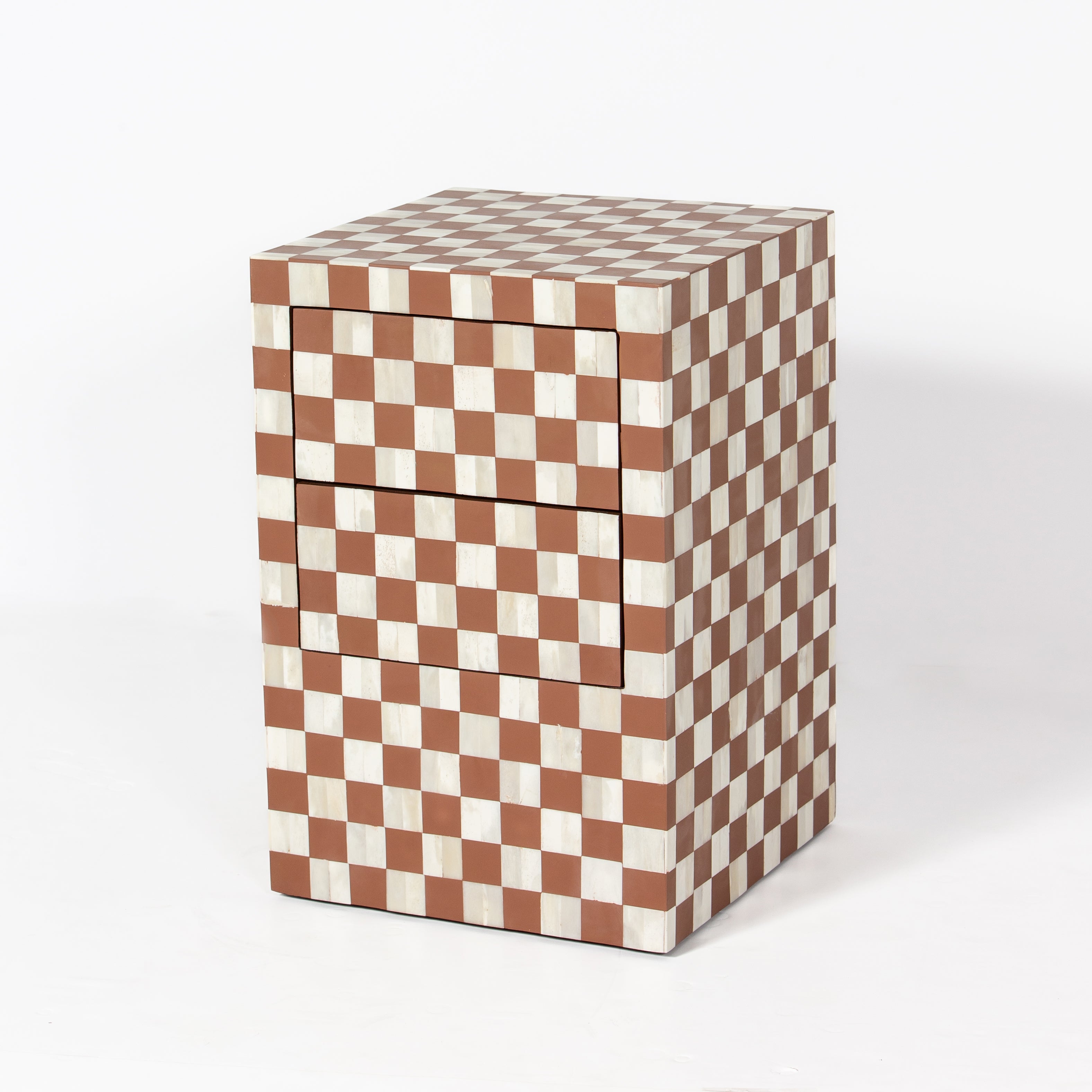 Handcrafted almond bone inlay side drawer by Tabeer Homes, made from mango wood in a checkerboard pattern with artisan detailing.