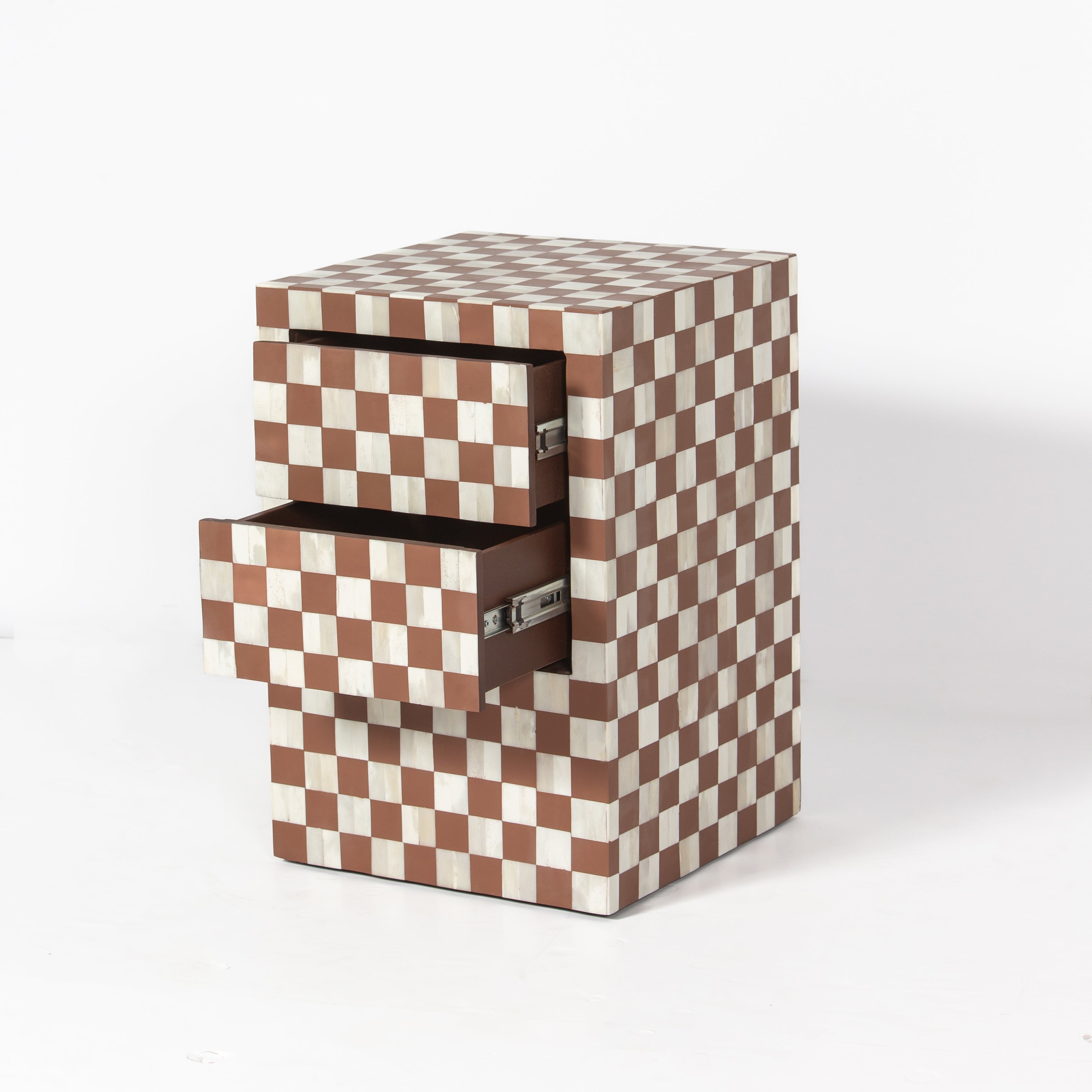 Handcrafted almond bone inlay side drawer by Tabeer Homes, made from mango wood in a checkerboard pattern with artisan detailing.