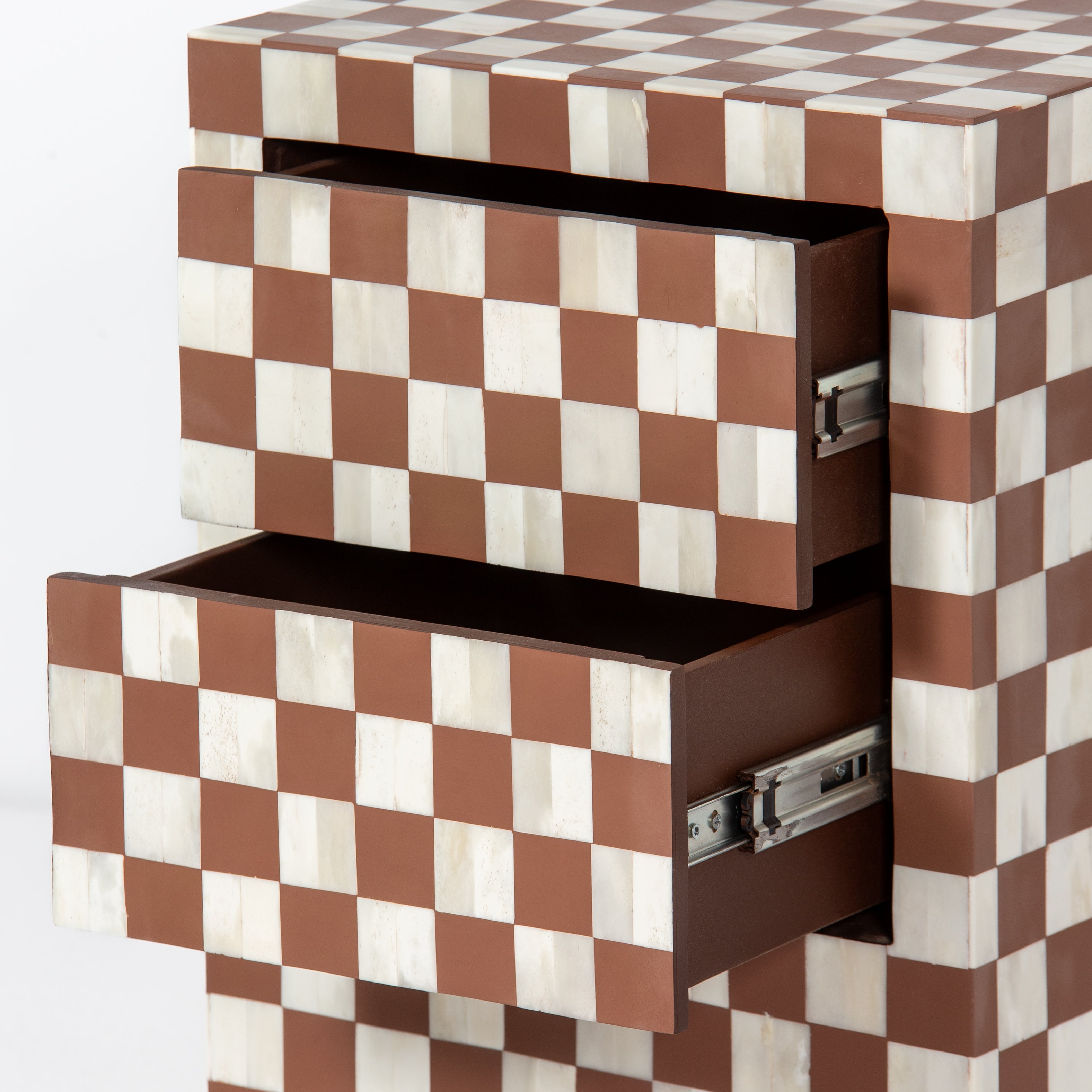 Handcrafted almond bone inlay side drawer by Tabeer Homes, made from mango wood in a checkerboard pattern with artisan detailing.