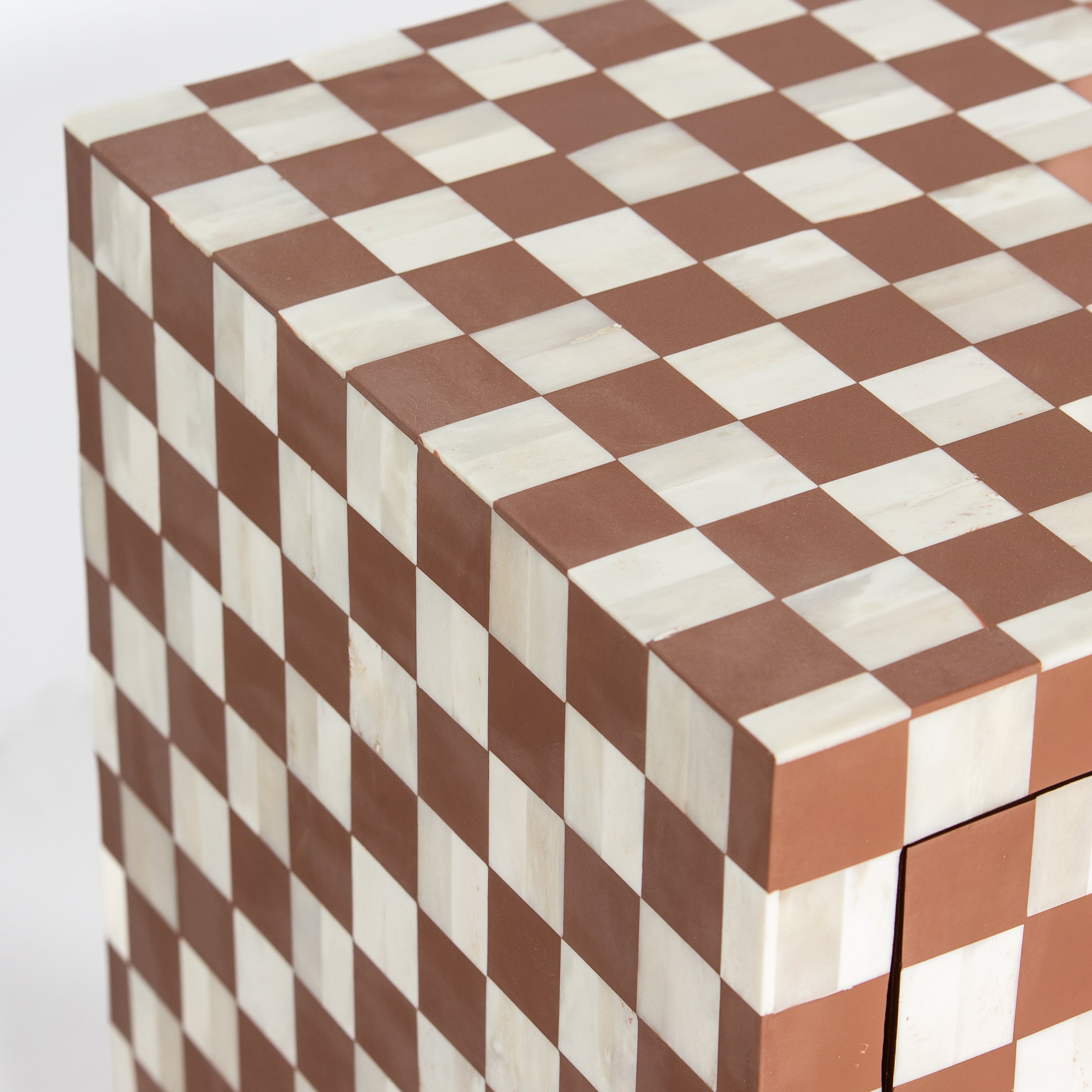 Handcrafted almond bone inlay side drawer by Tabeer Homes, made from mango wood in a checkerboard pattern with artisan detailing.