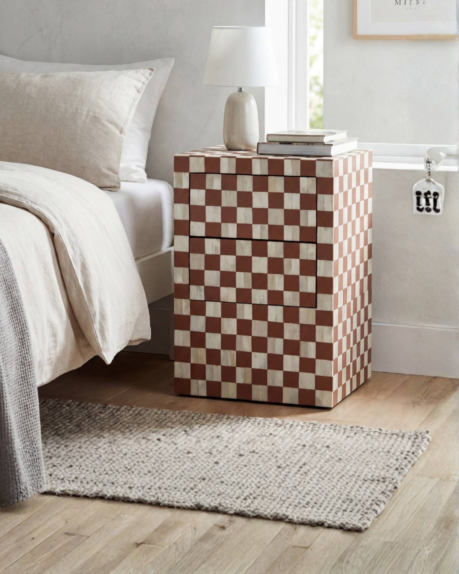Handcrafted almond bone inlay side drawer by Tabeer Homes, made from mango wood in a checkerboard pattern with artisan detailing.