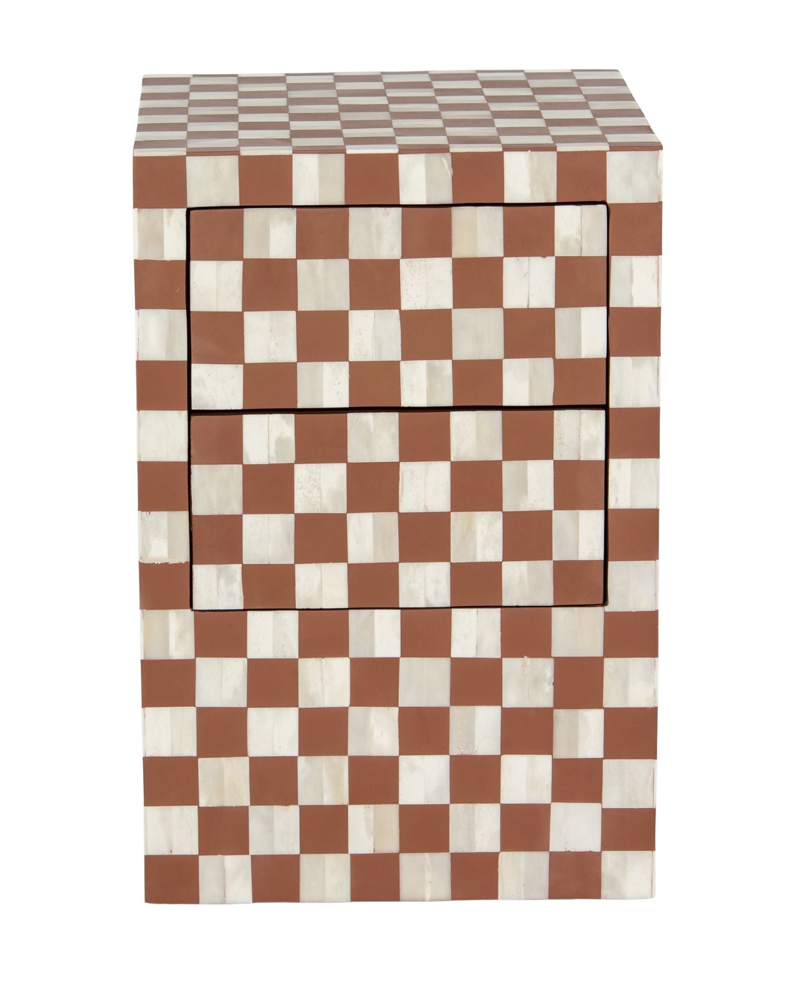 Handcrafted almond bone inlay side drawer by Tabeer Homes, made from mango wood in a checkerboard pattern with artisan detailing.