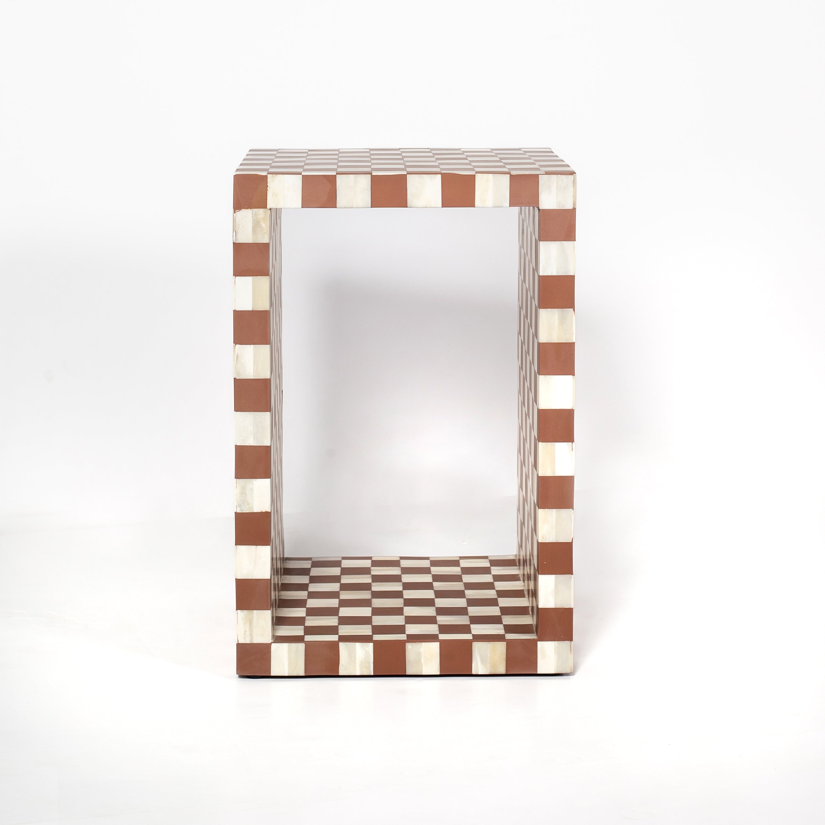 Handcrafted almond and white bone inlay side table, artisan-made heirloom by Tabeer Homes furniture with global delivery.