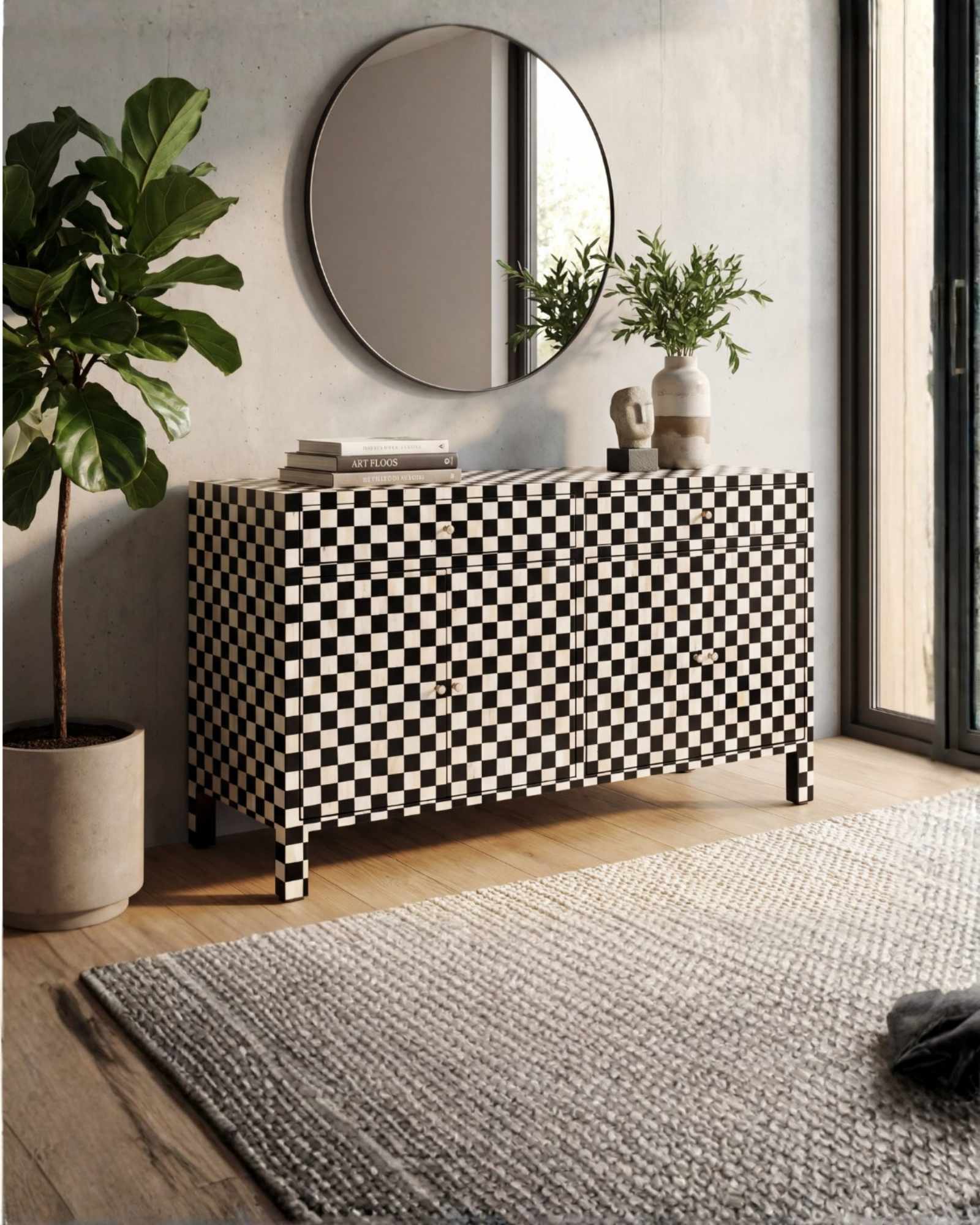 Maze Sideboard Cabinet - Black & White Bone Inlay - Tabeer Homes