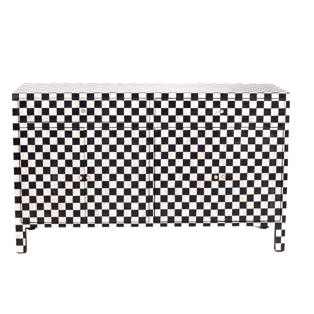 Black and white bone inlay sideboard with checkerboard pattern, featuring multiple drawers and a sleek design.