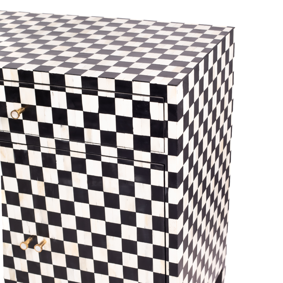 Black and white bone inlay sideboard with checkerboard pattern, featuring multiple drawers and a sleek design.