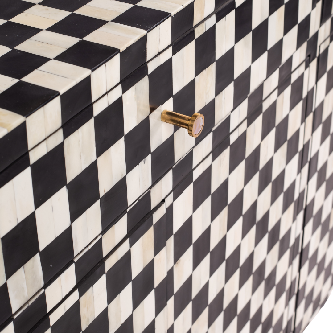 Black and white bone inlay sideboard with checkerboard pattern, featuring multiple drawers and a sleek design.