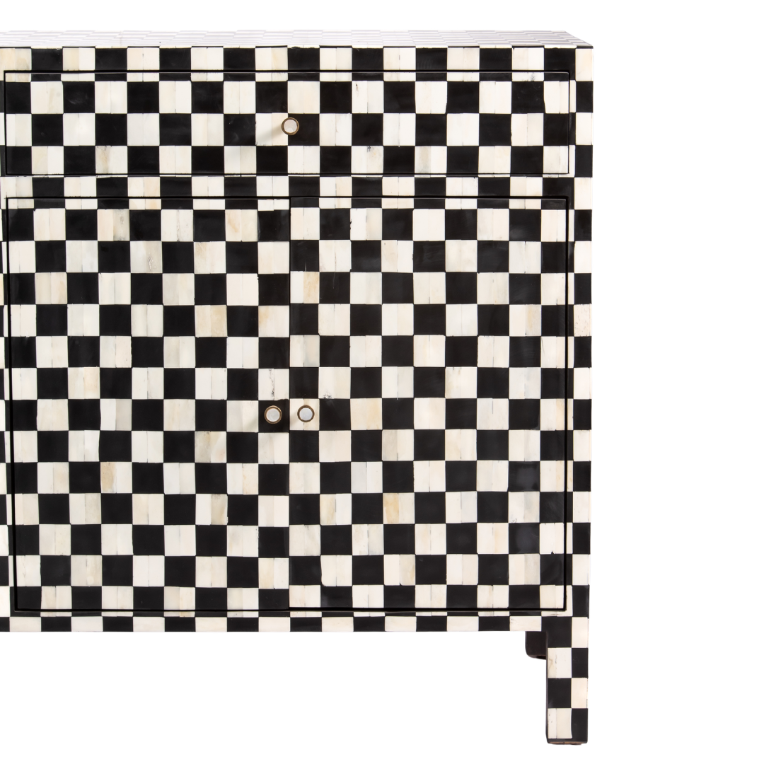 Black and white bone inlay sideboard with checkerboard pattern, featuring multiple drawers and a sleek design.