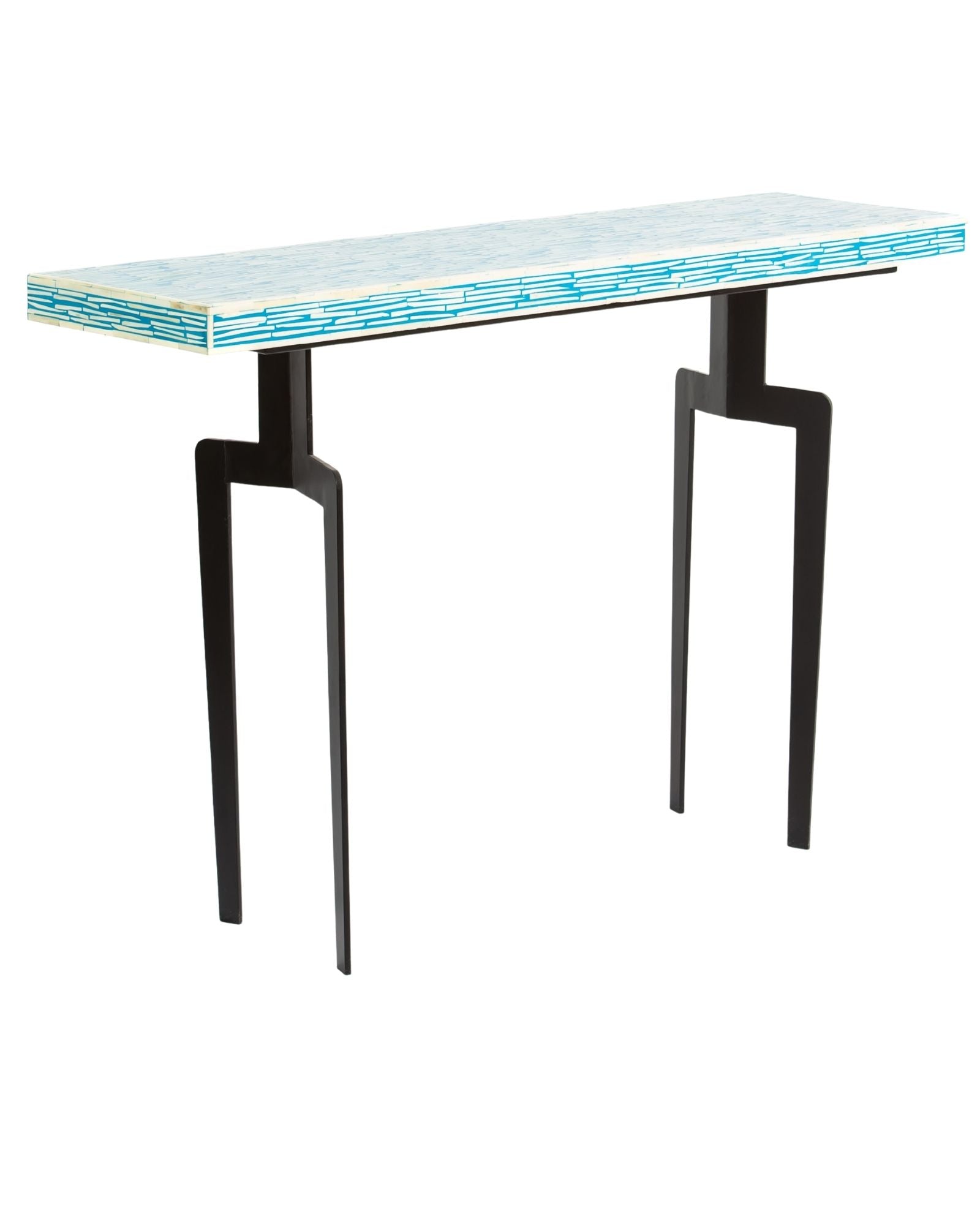 Modern console table with a blue and white patterned top on a white background.