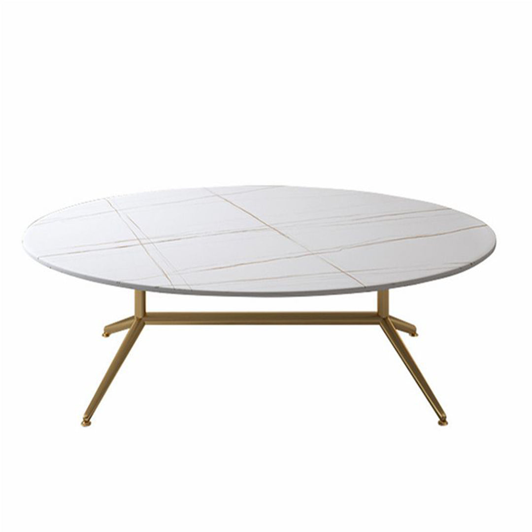 Oval white marble coffee table with subtle gold vein detailing and sleek gold legs. A modern and elegant addition to any living space.