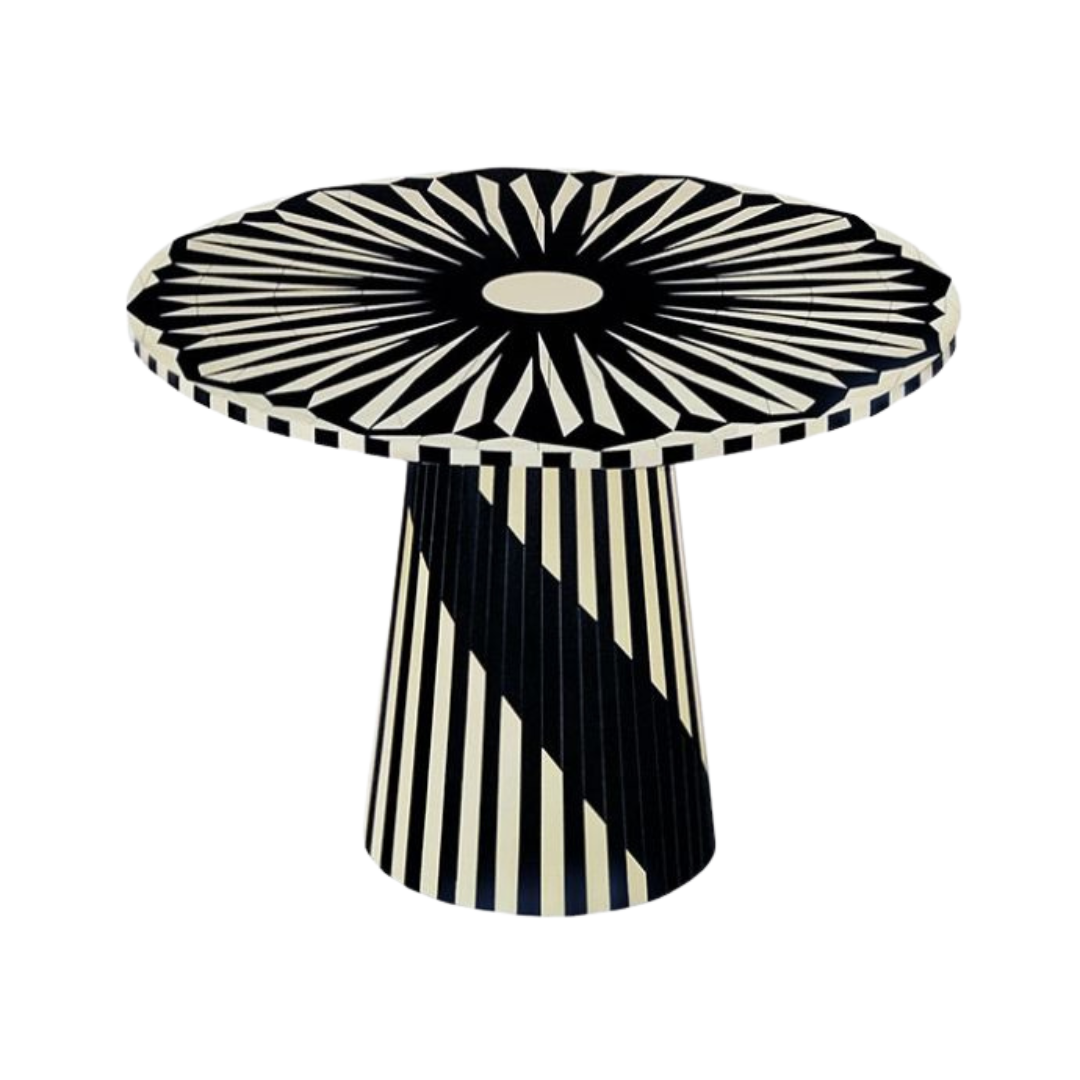 Nova Dining Table, black and white bone inlay design, handcrafted starburst pattern by Tabeer Homes