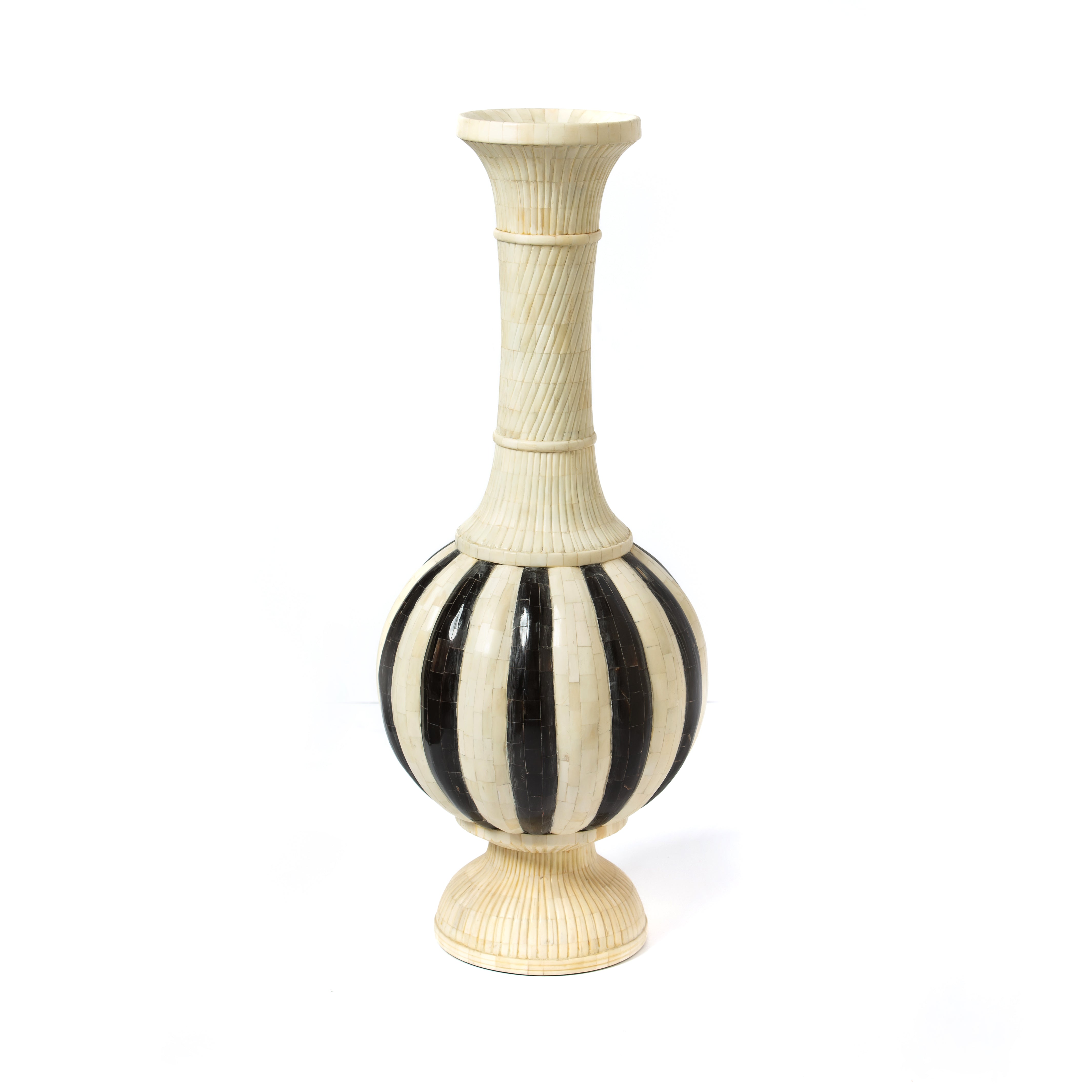 Black bone inlay vase with striped pattern, handcrafted decorative vase with tall sculptural form