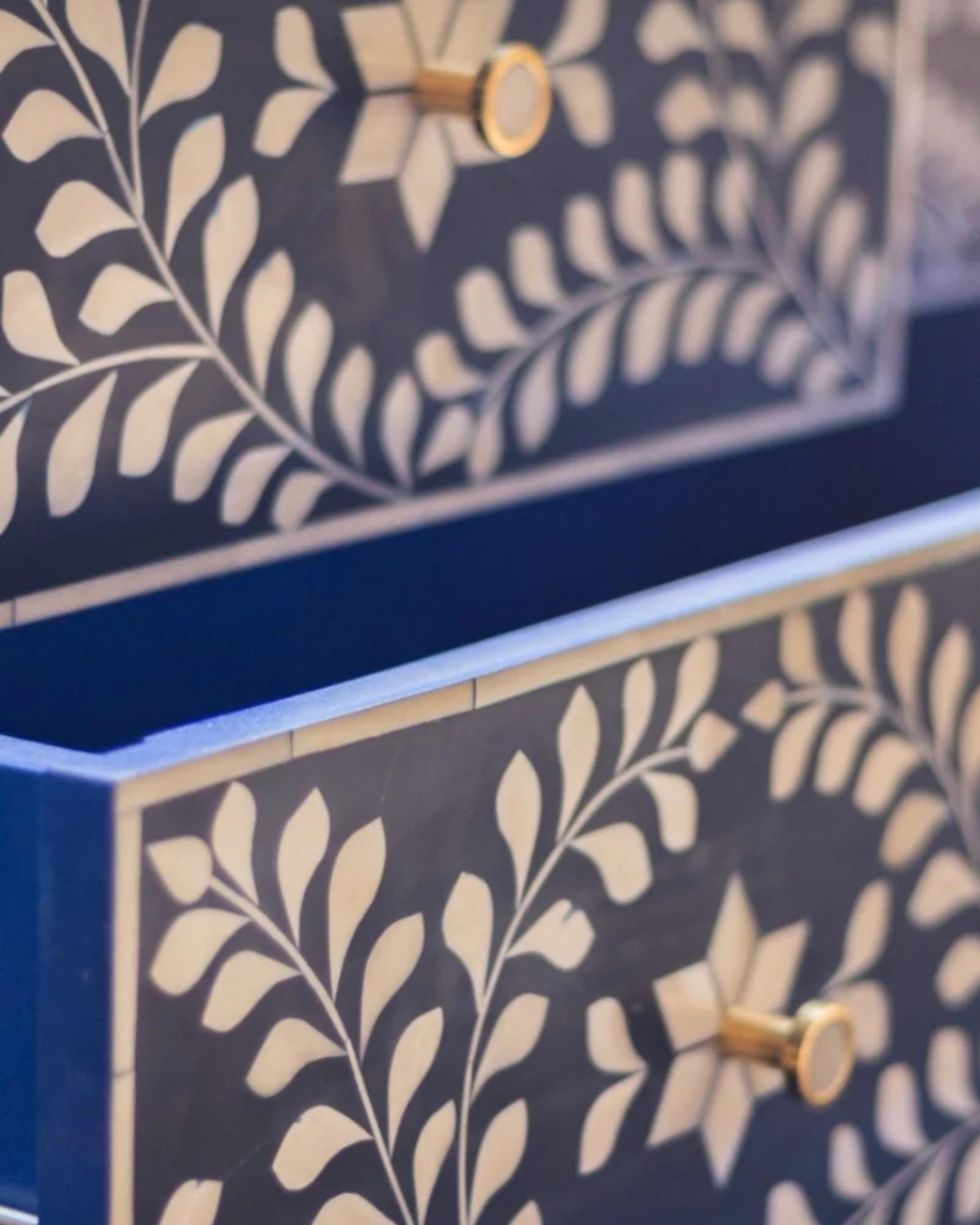 Orbit Chest of Drawers, blue bone inlay design, handcrafted floral pattern by Tabeer Homes.