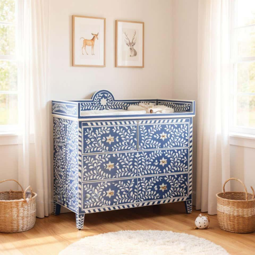 Orbit Chest of Drawers, blue bone inlay design, handcrafted floral pattern by Tabeer Homes
