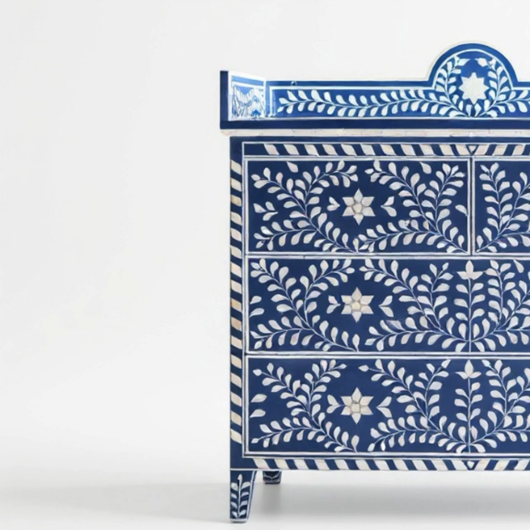 Orbit Chest of Drawers, blue bone inlay design, handcrafted floral pattern by Tabeer Homes