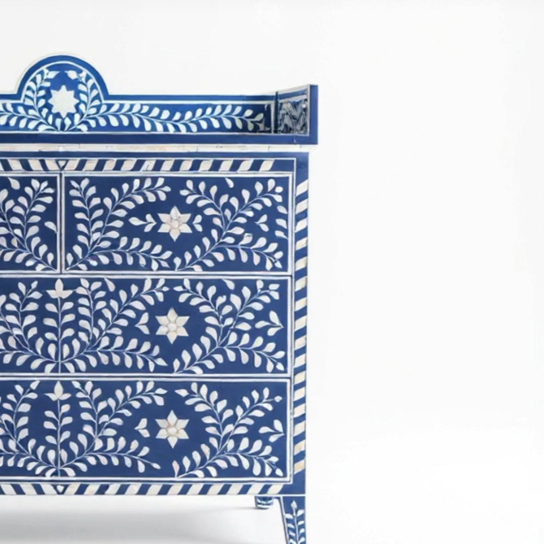 Orbit Chest of Drawers, blue bone inlay design, handcrafted floral pattern by Tabeer Homes