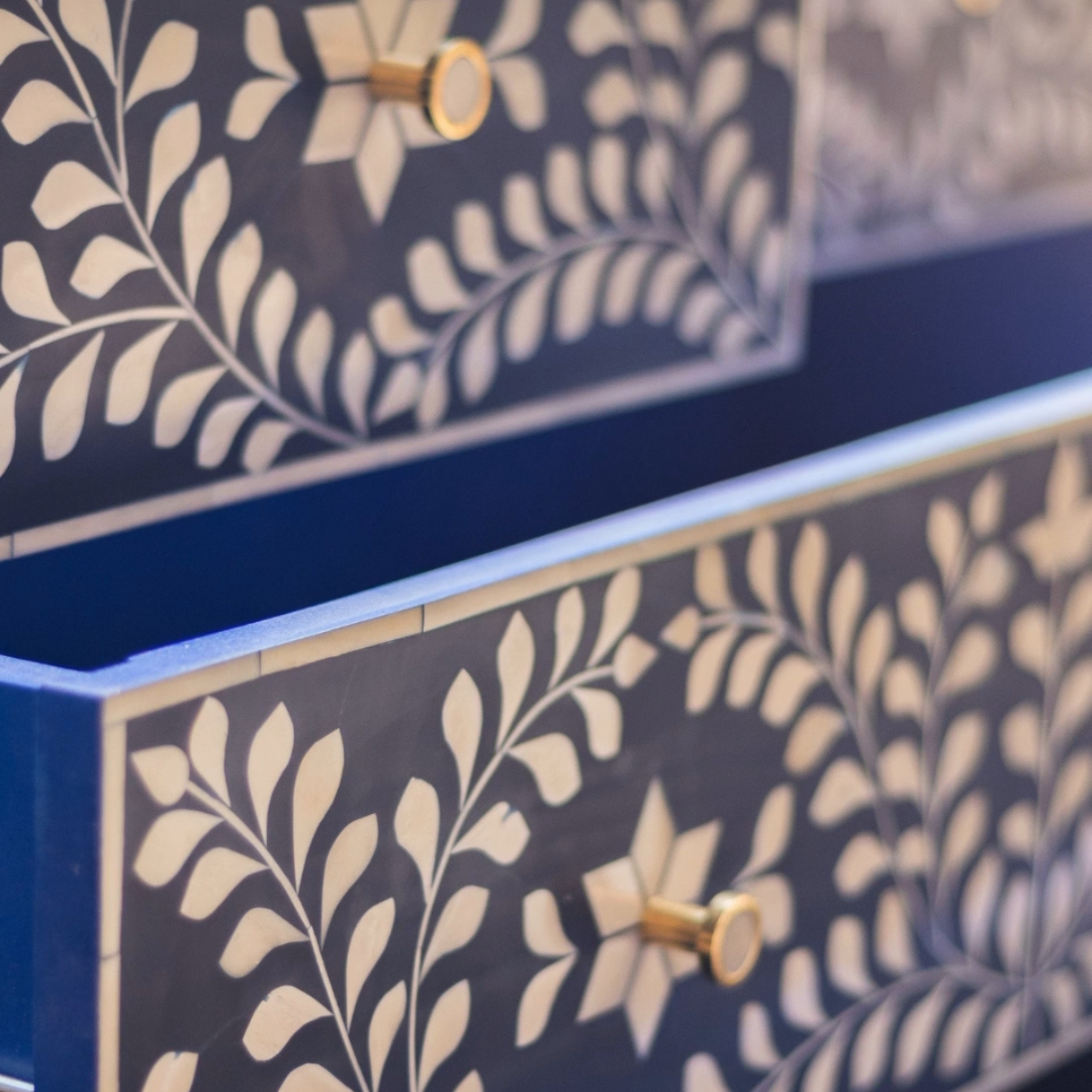Orbit Chest of Drawers, blue bone inlay design, handcrafted floral pattern by Tabeer Homes