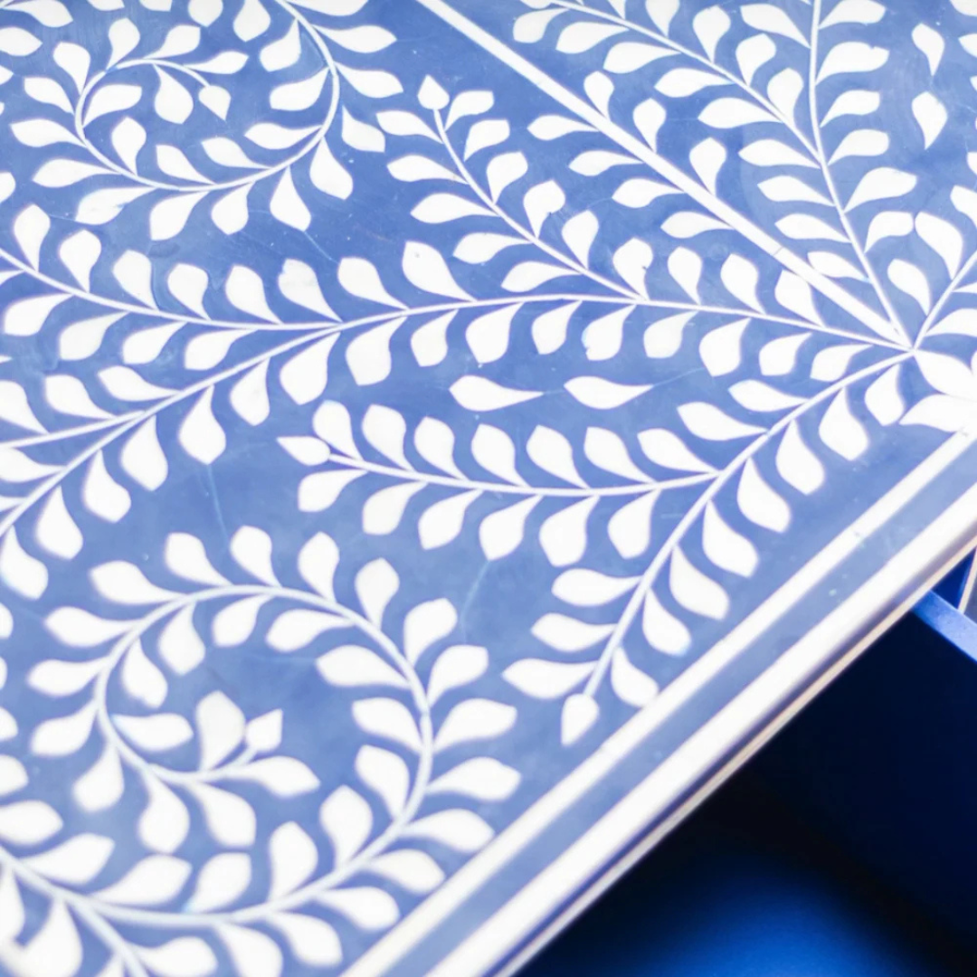 Orbit Chest of Drawers, blue bone inlay design, handcrafted floral pattern by Tabeer Homes