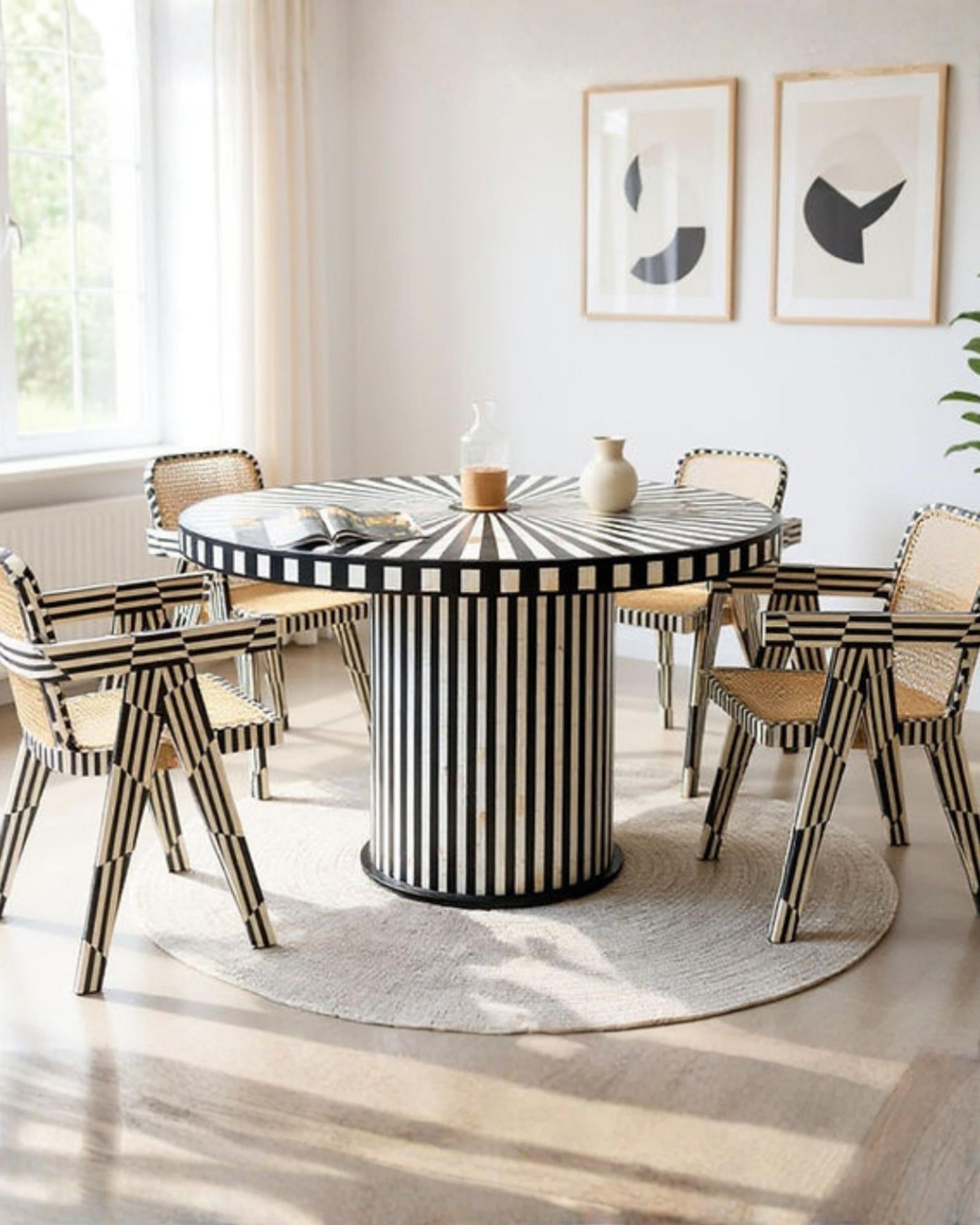 Orbit Dining Table, black and white bone inlay design, handcrafted sunburst top with striped pedestal by Tabeer Homes.