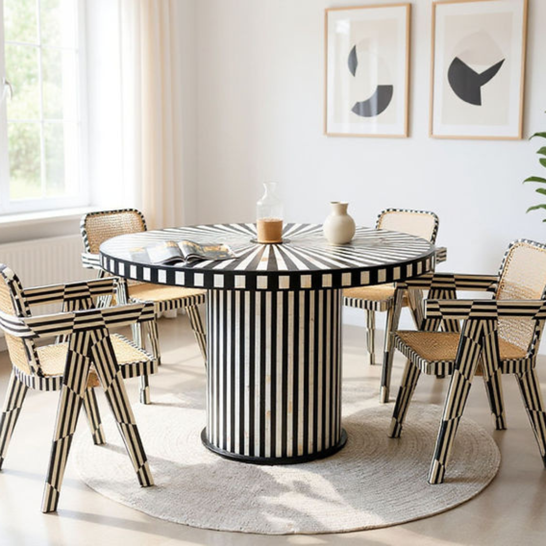 Orbit Dining Table, black and white bone inlay design, handcrafted sunburst top with striped pedestal by Tabeer Homes