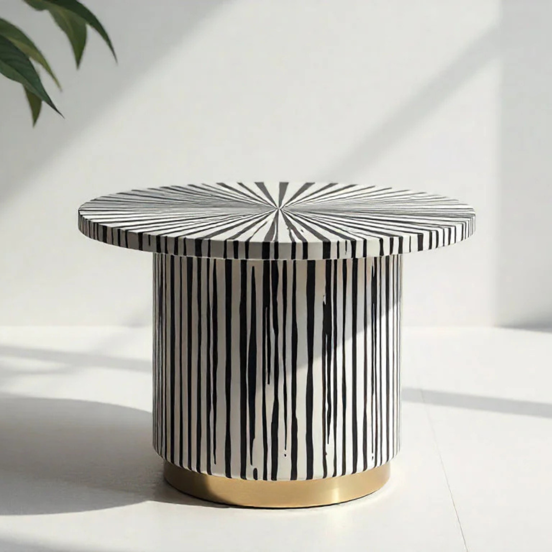 Ray Dining Table, black and white bone inlay design with brass base, handcrafted sunburst and stripe pattern by Tabeer Homes