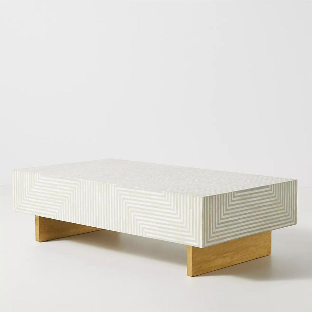 Rectangular grey striped bone inlay coffee table with a sleek design. A stylish and functional addition to modern interiors.