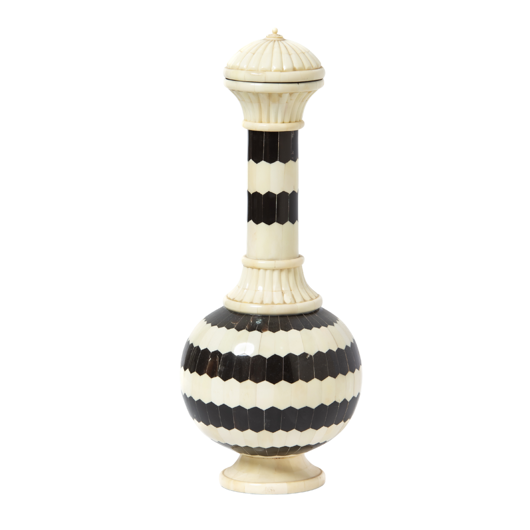 Black bone inlay vase with striped pattern, handcrafted decorative vase in ivory and black finish