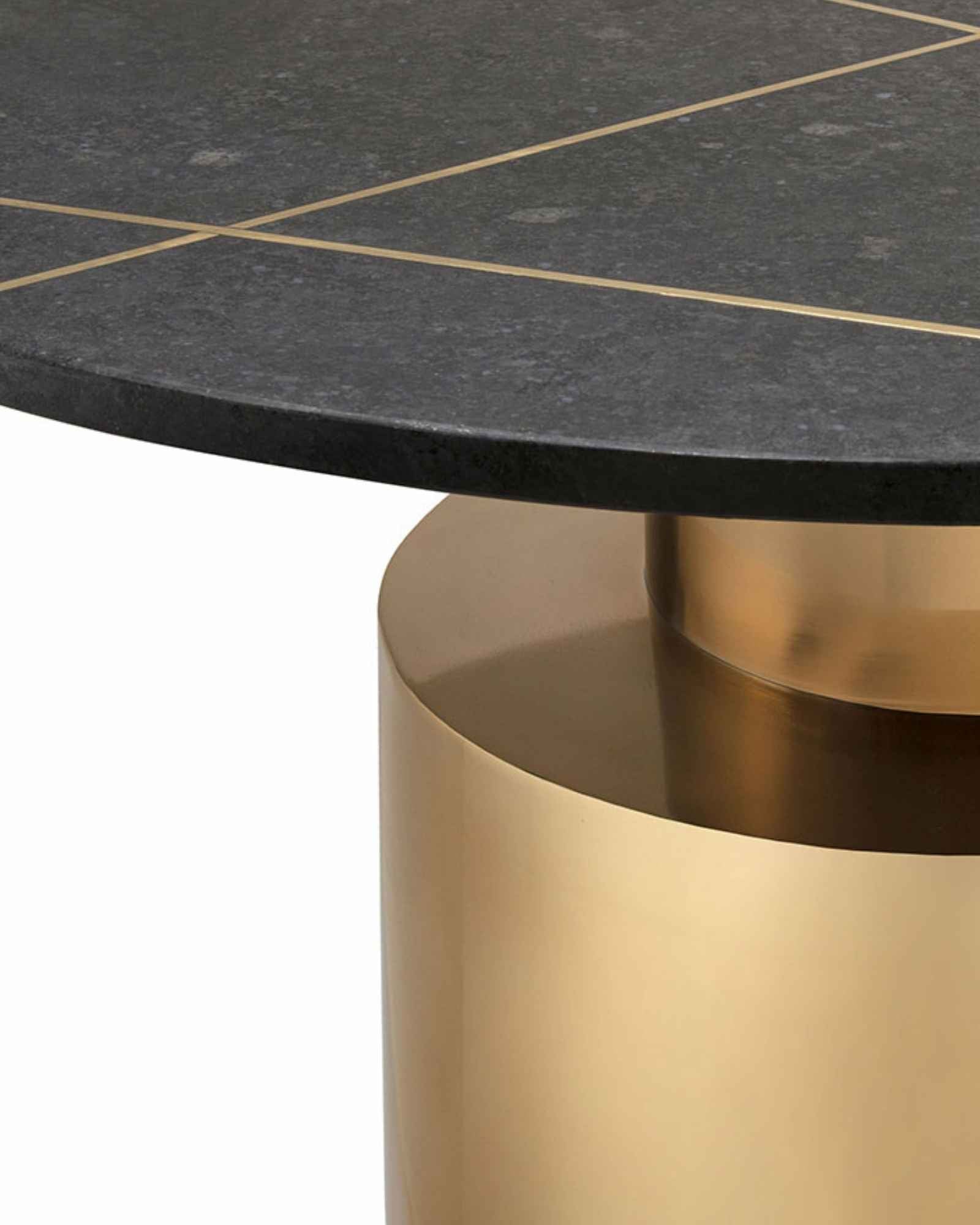 Manzil Coffee Table in grey bone inlay with golden base, handcrafted with bold striped design, size 100x100x45 cm.