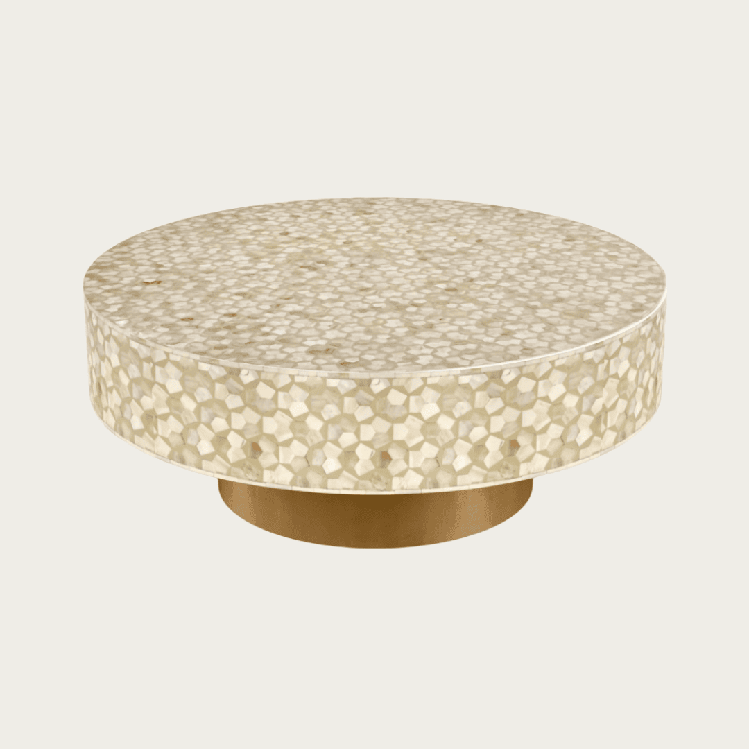 Round cream bone inlay coffee table with mosaic pattern and a gold base. Available in two size variants for versatile use.