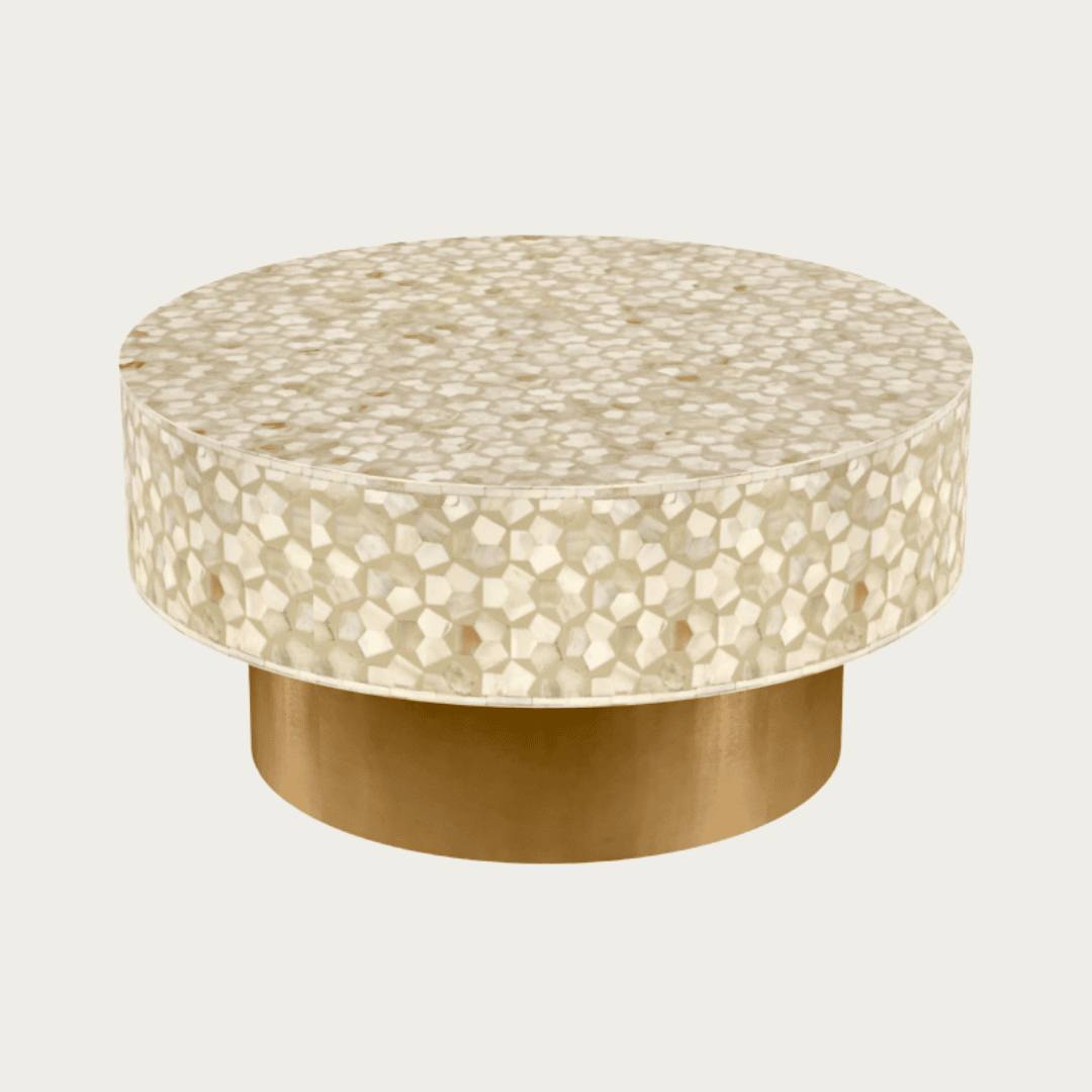 Round cream bone inlay coffee table with mosaic pattern and a gold base. Available in two size variants for versatile use.