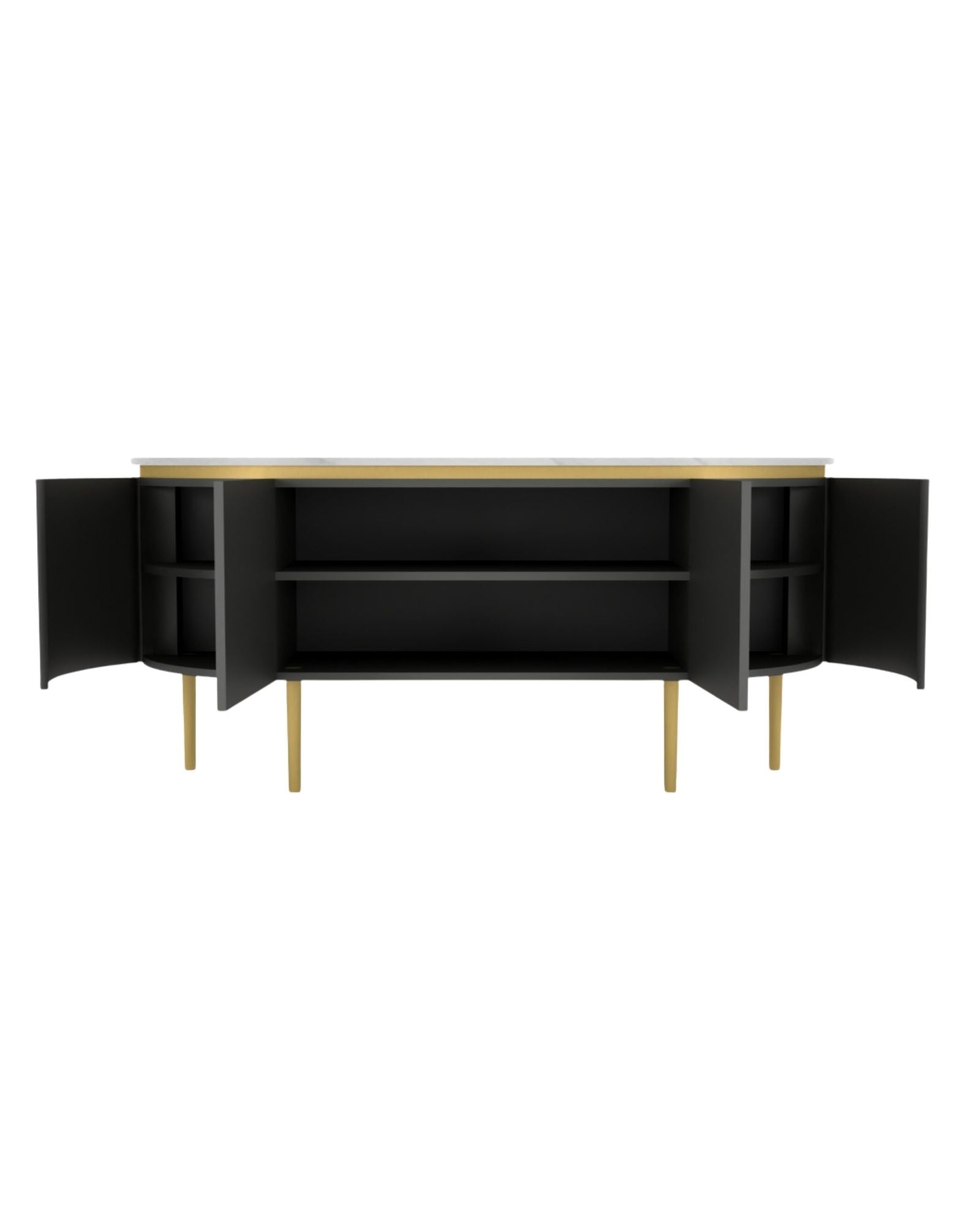 Black bone inlay sideboard with white marble top and brass legs, handcrafted with vertical striping and curved silhouette, luxury interior furniture.