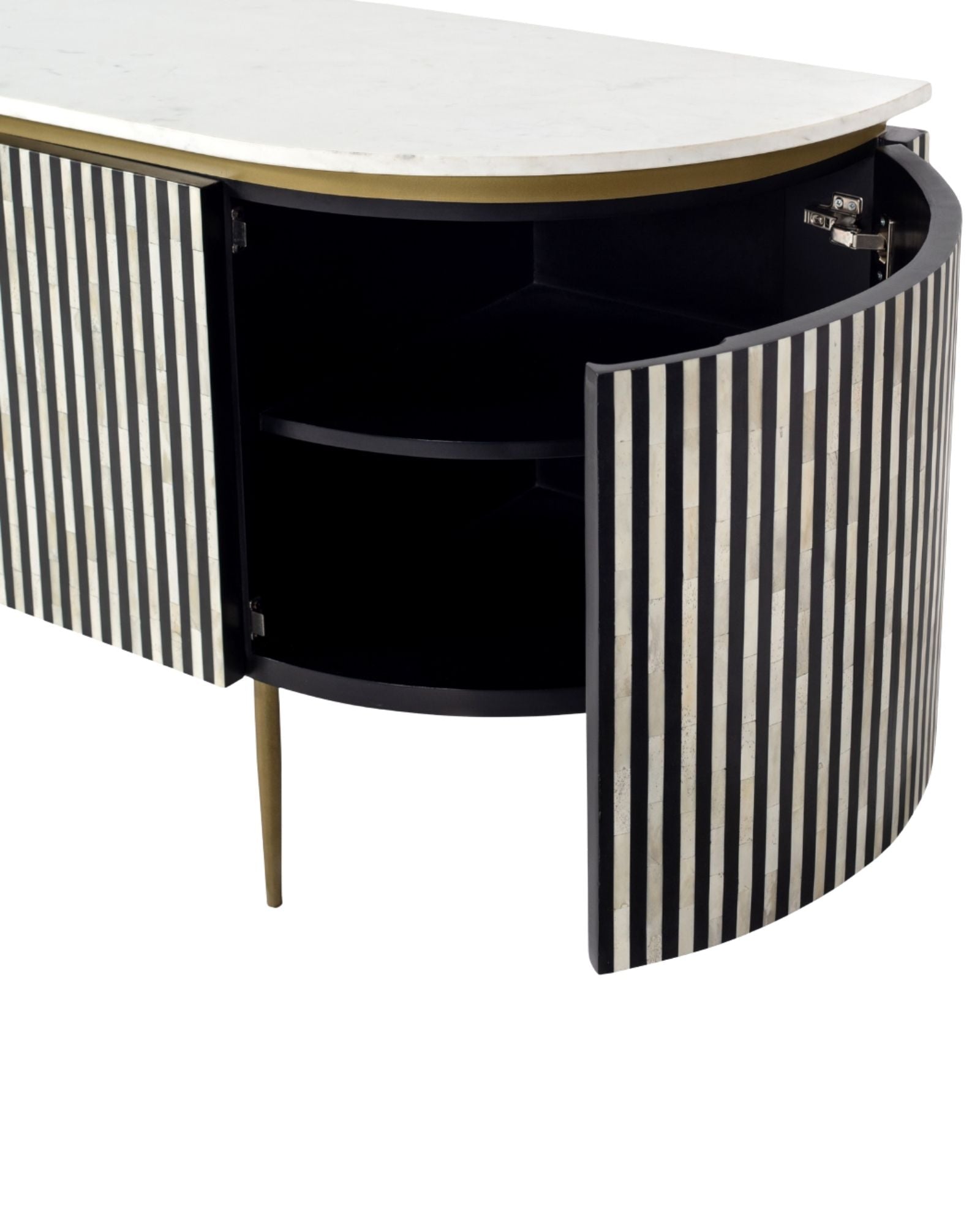 Black bone inlay sideboard with white marble top and brass legs, handcrafted with vertical striping and curved silhouette, luxury interior furniture.