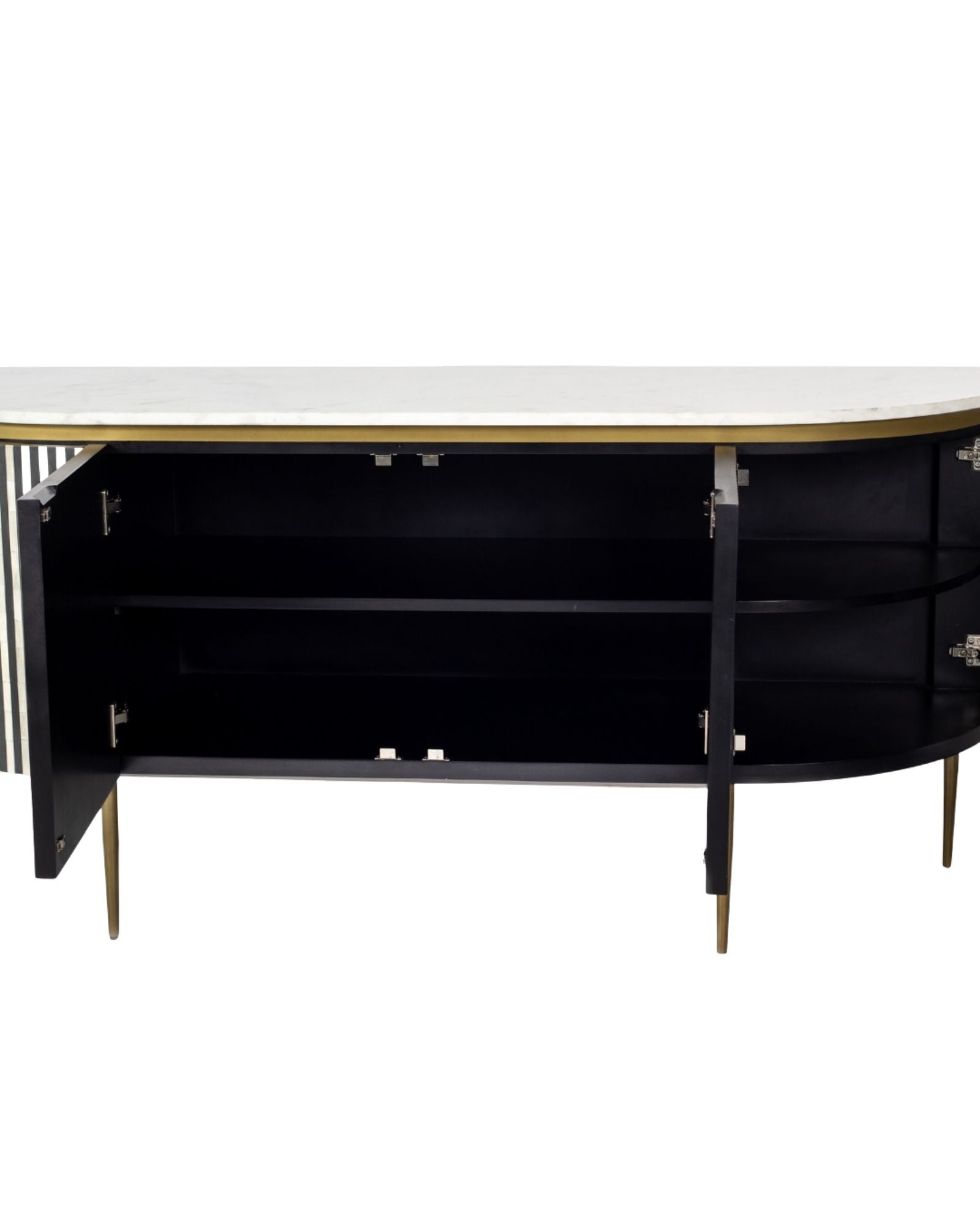 Black bone inlay sideboard with white marble top and brass legs, handcrafted with vertical striping and curved silhouette, luxury interior furniture.