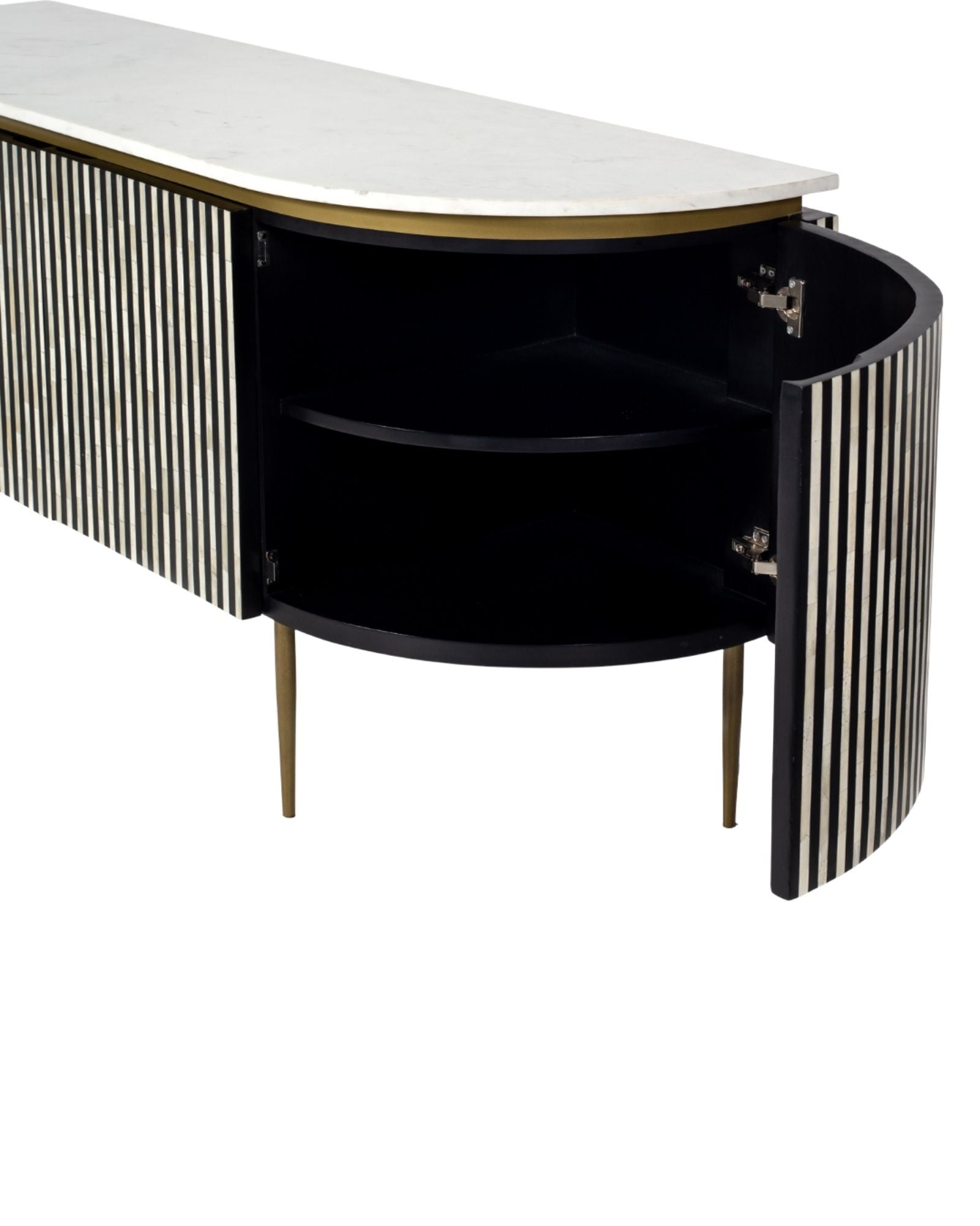 Black bone inlay sideboard with white marble top and brass legs, handcrafted with vertical striping and curved silhouette, luxury interior furniture.