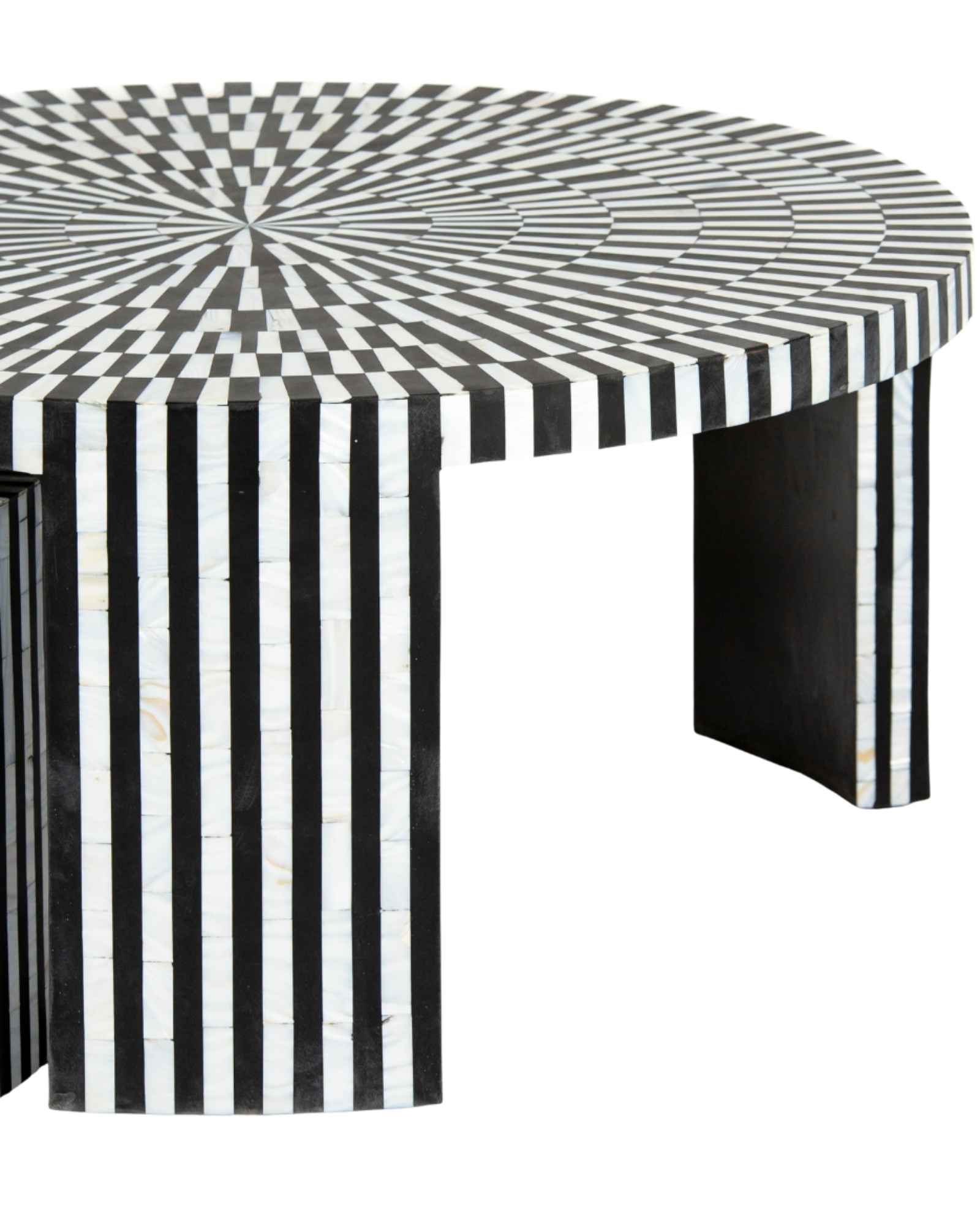 Black and white geometric mother of pearl inlay coffee table with radial top and striped base, handcrafted by Tabeer Homes.