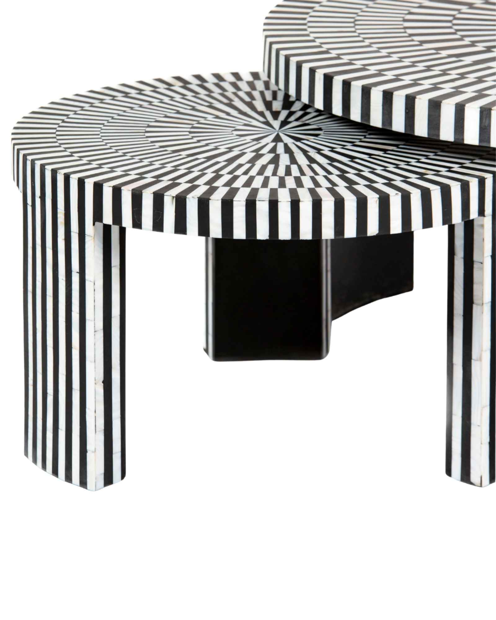 Black and white geometric mother of pearl inlay coffee table with radial top and striped base, handcrafted by Tabeer Homes.
