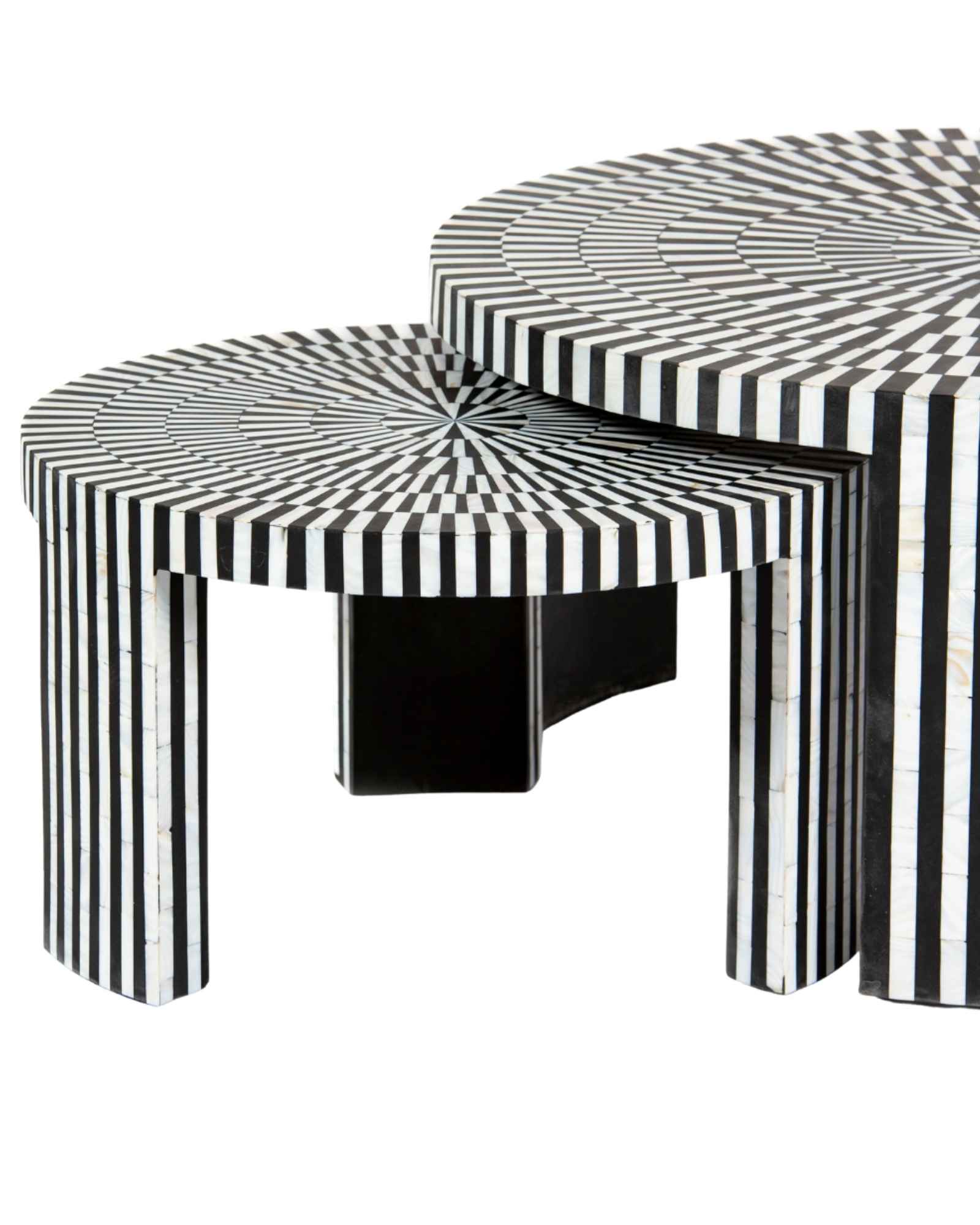 Black and white geometric mother of pearl inlay coffee table with radial top and striped base, handcrafted by Tabeer Homes.