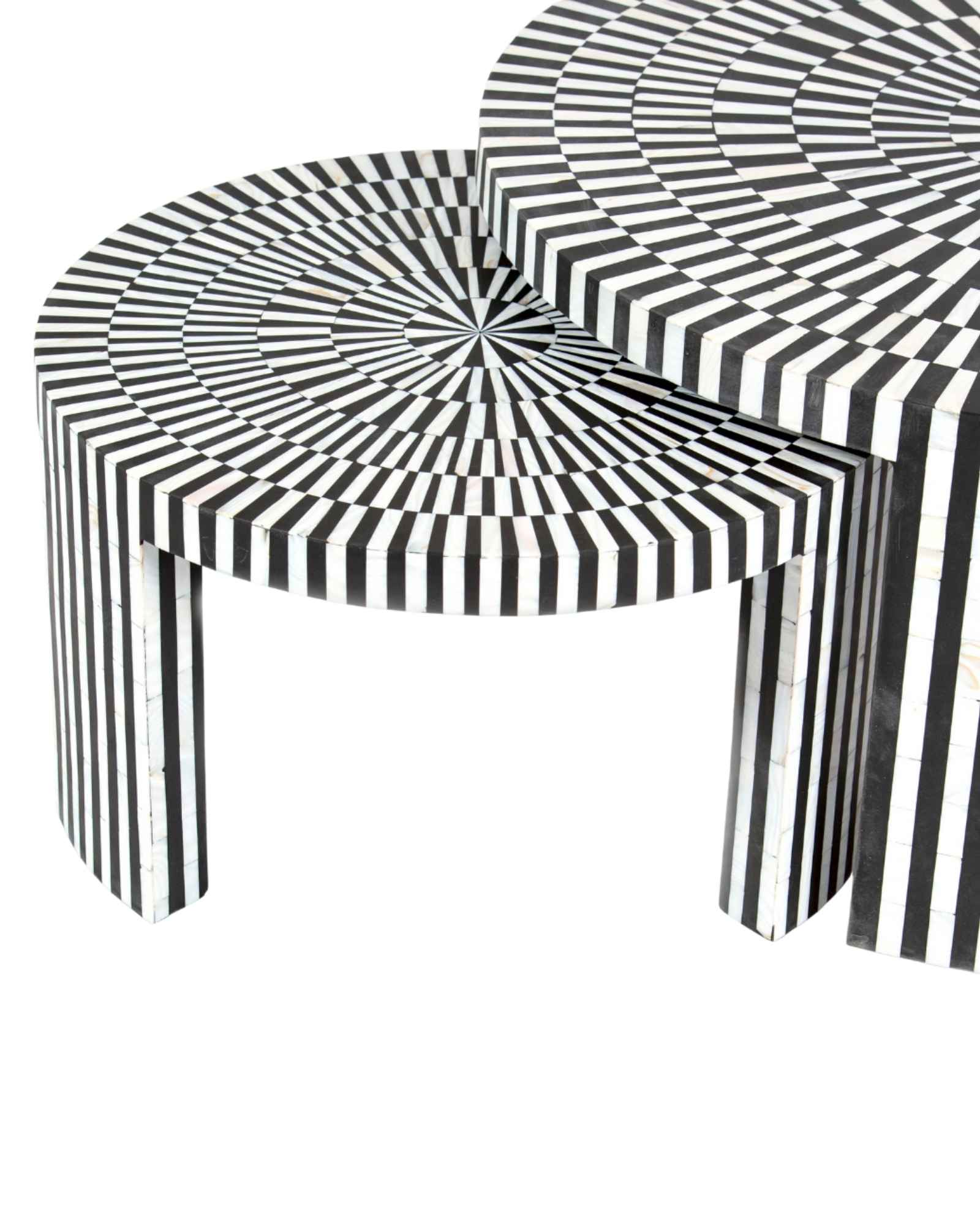 Black and white geometric mother of pearl inlay coffee table with radial top and striped base, handcrafted by Tabeer Homes.