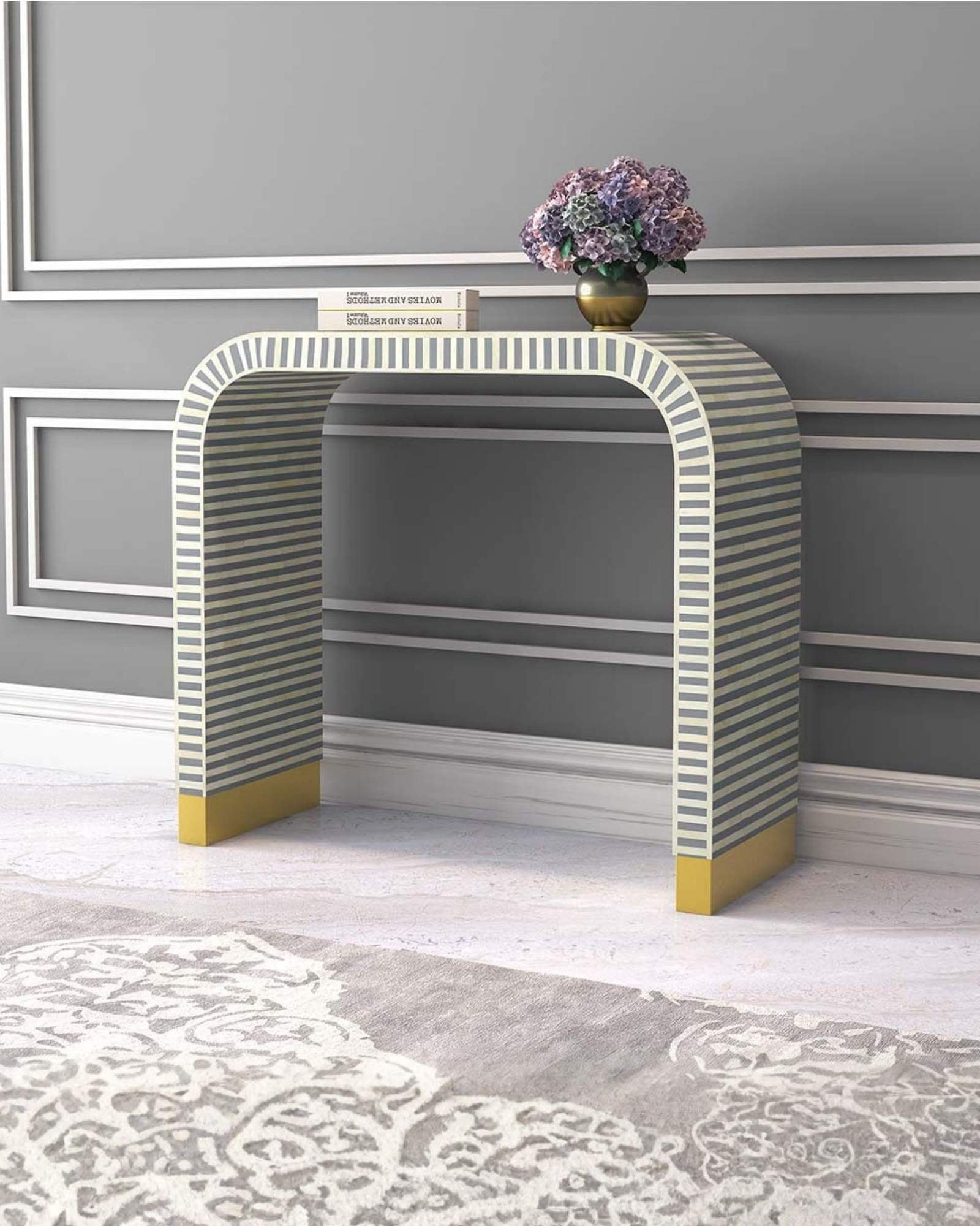 Elegant Saphed Console in grey bone inlay with arched design and gold base, adding sophistication to entryways and living spaces.