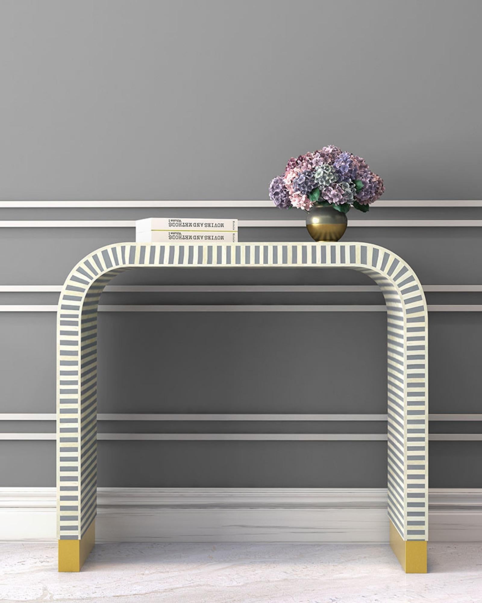 Elegant Saphed Console in grey bone inlay with arched design and gold base, adding sophistication to entryways and living spaces.
